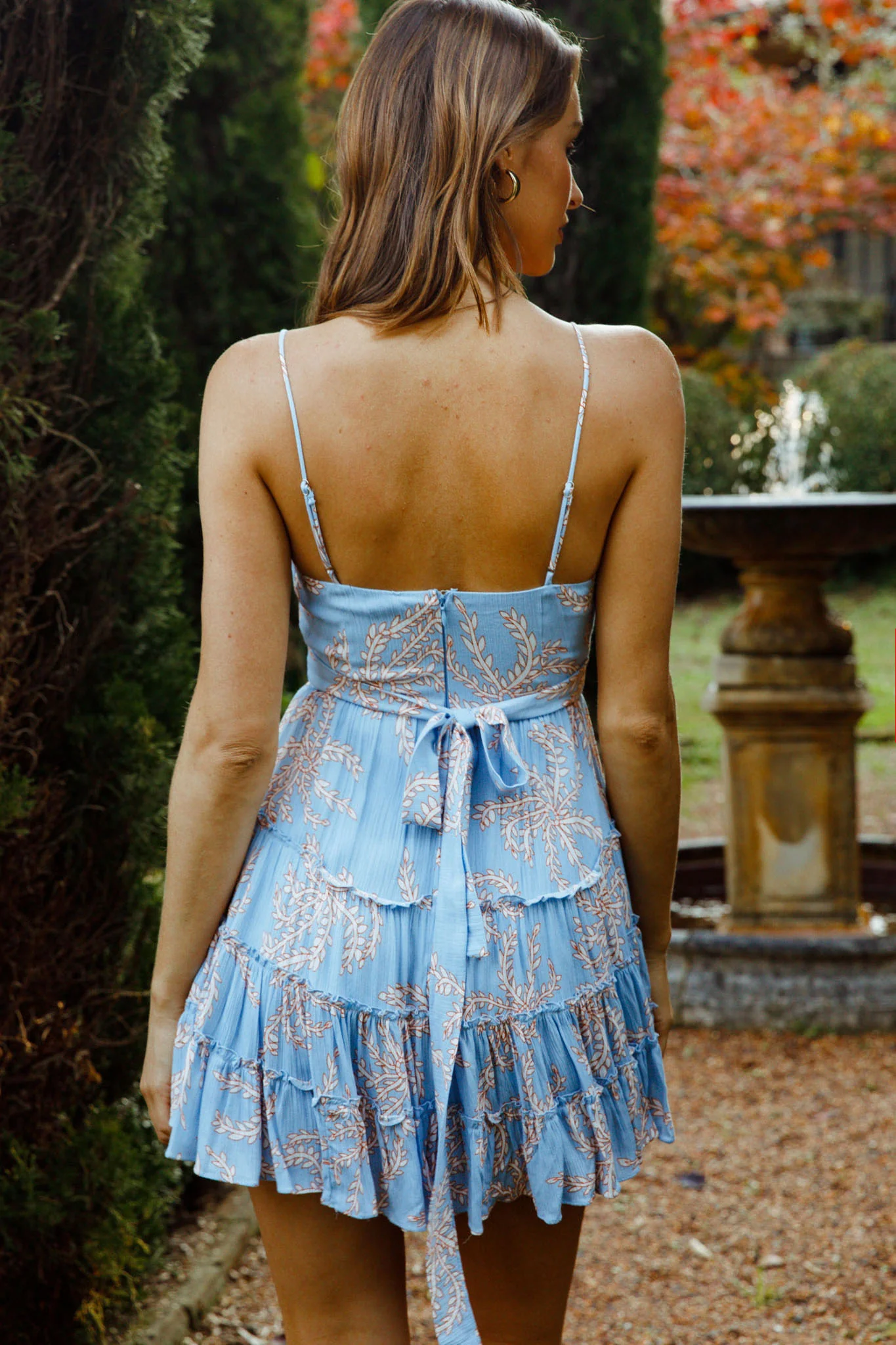 Jocelyn Cami Strap Waist Tie Ruffle Dress Leaf Print Blue - Sonourner