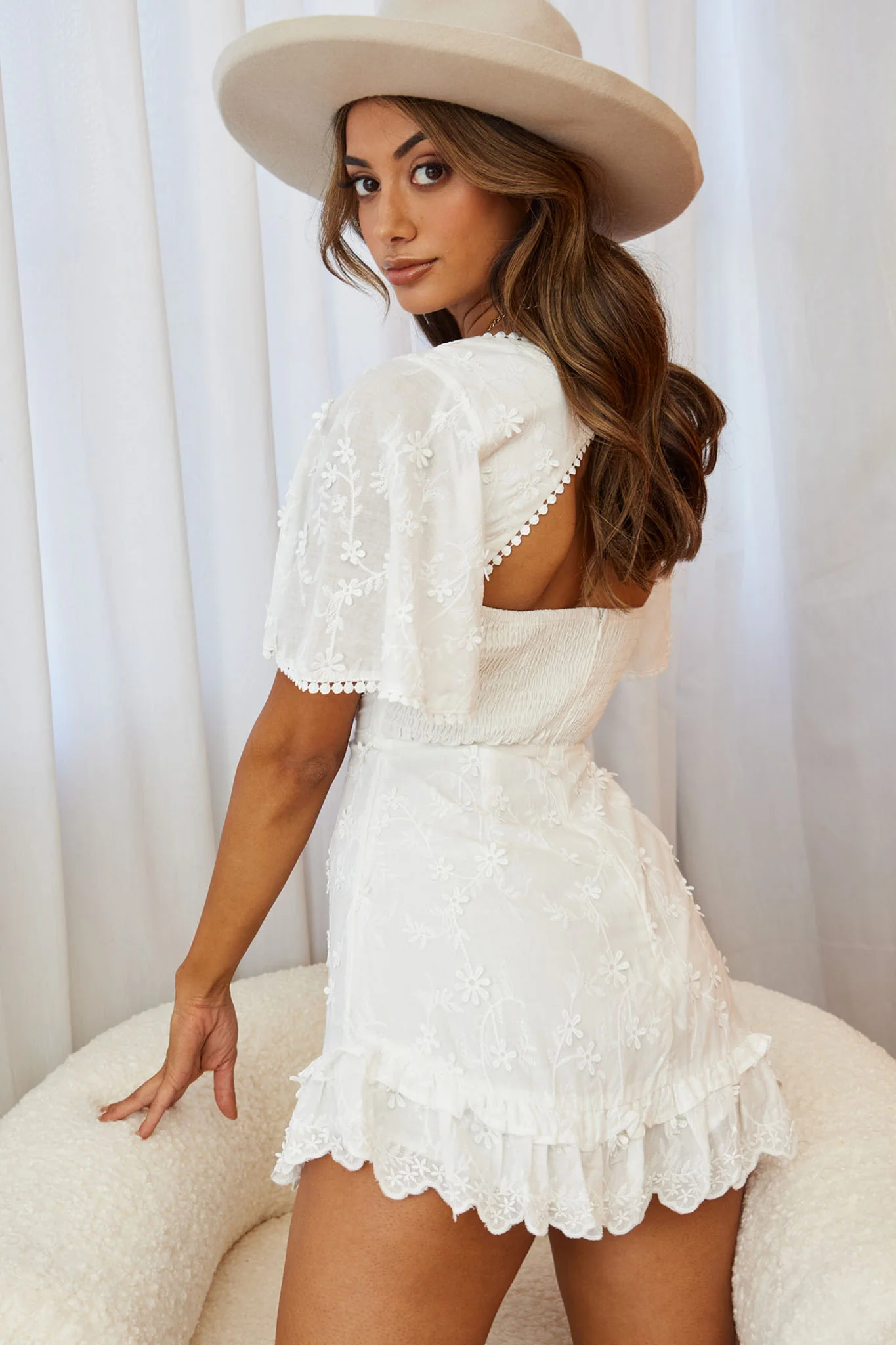 Joanie Angel Sleeve Floral Embroidery Mini Dress White - Sonourner