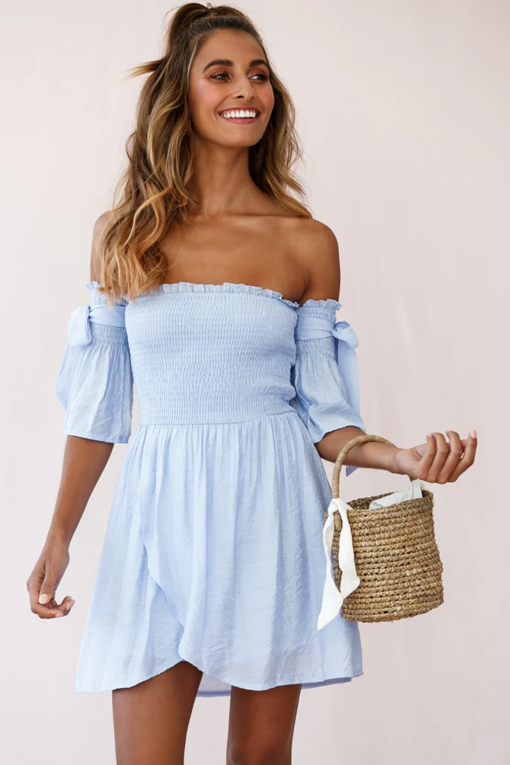 Eva Babydoll Off-The-Shoulder Dress Steel Blue - Sonourner