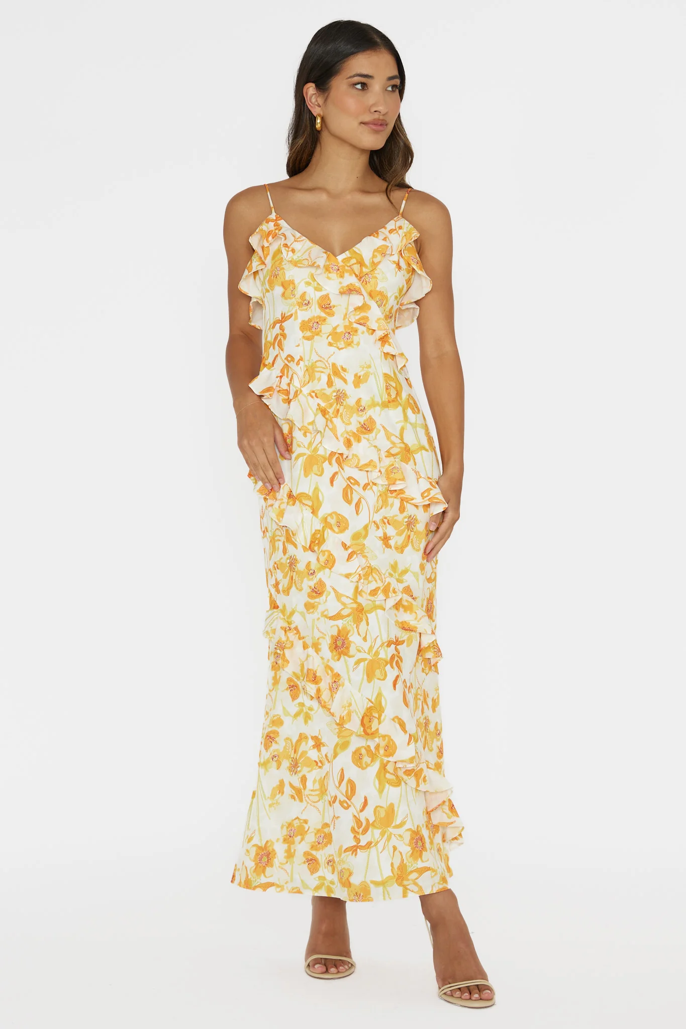 Silvana Frill Trim Midi Dress Floral Orange - Sonourner