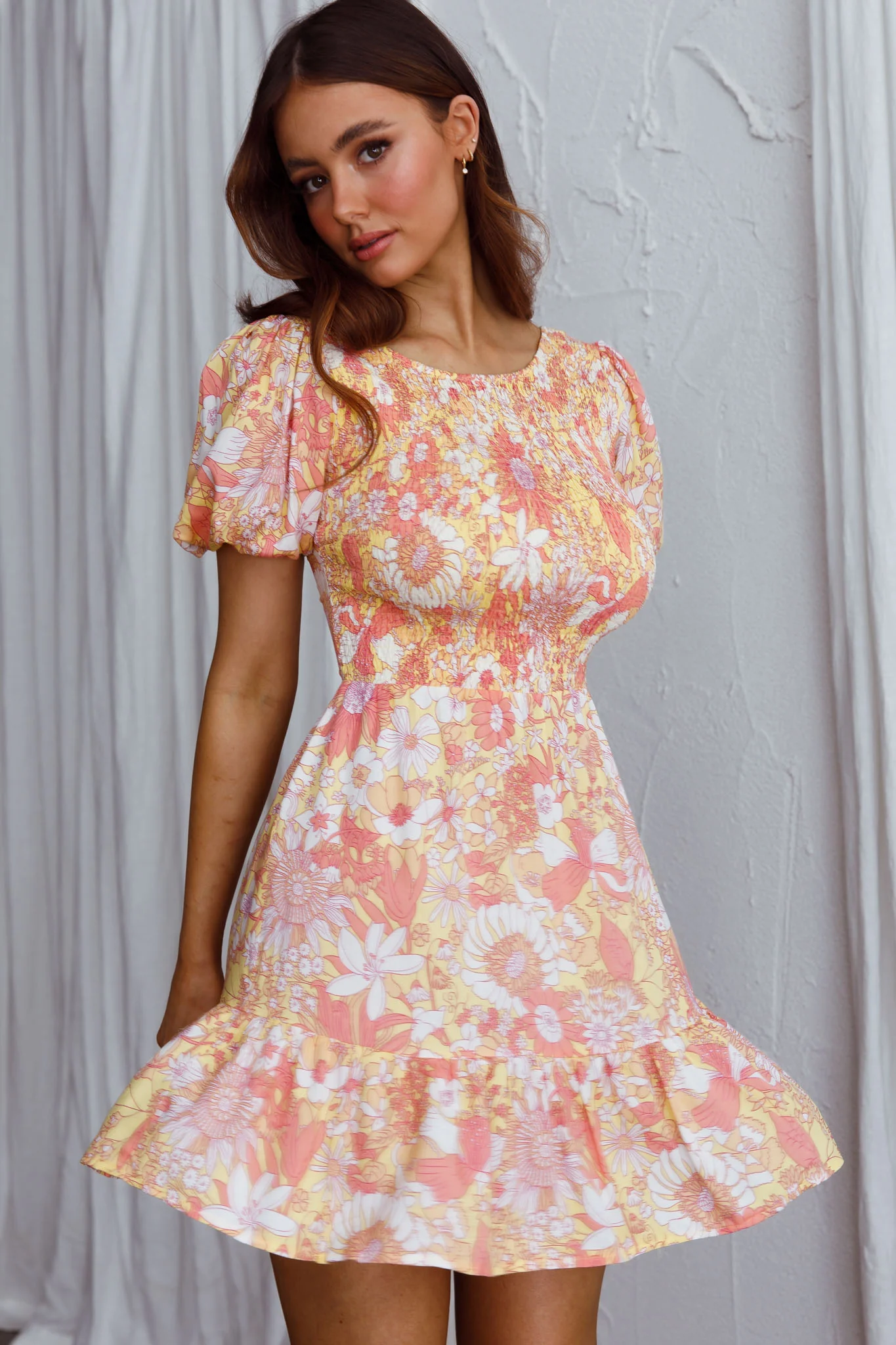 Crystal Shores Shirred Bust Mini Dress Floral Yellow - Sonourner