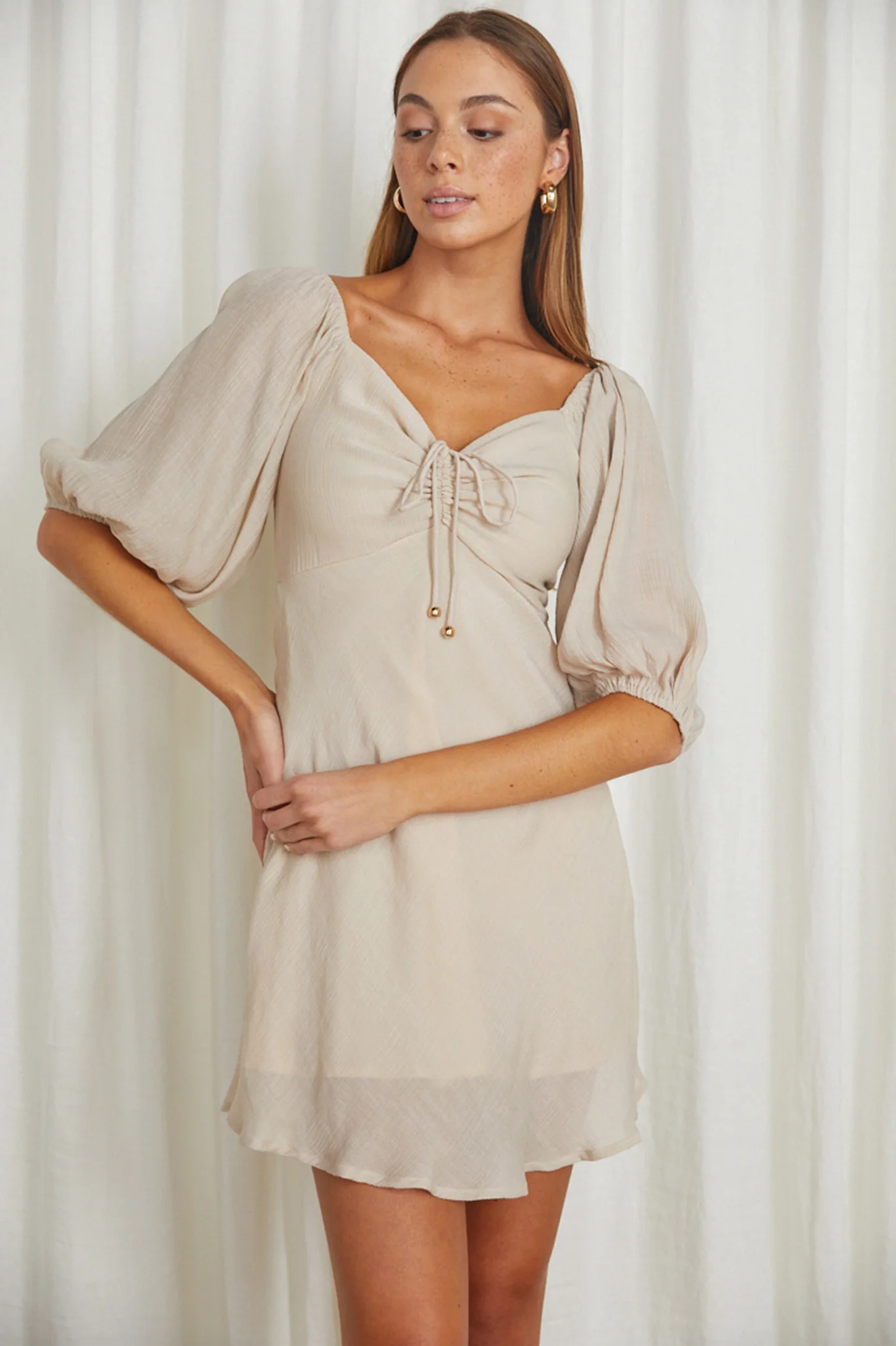 Avaline Drawstring Bust Mini Dress Beige - Sonourner