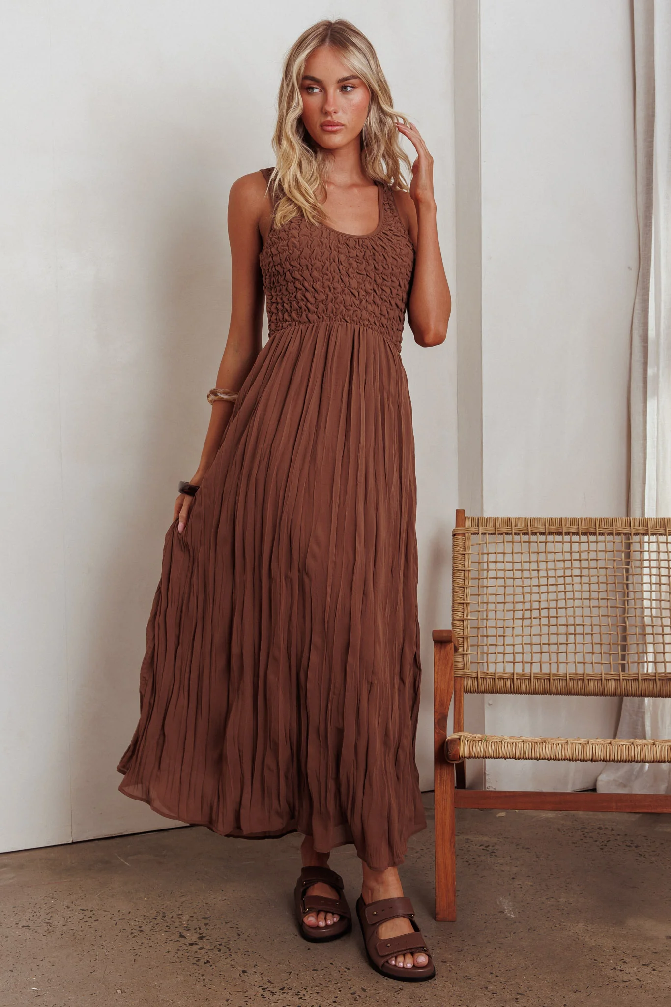 Mirella Smocked Bodice Maxi Dress Mocha - Sonourner