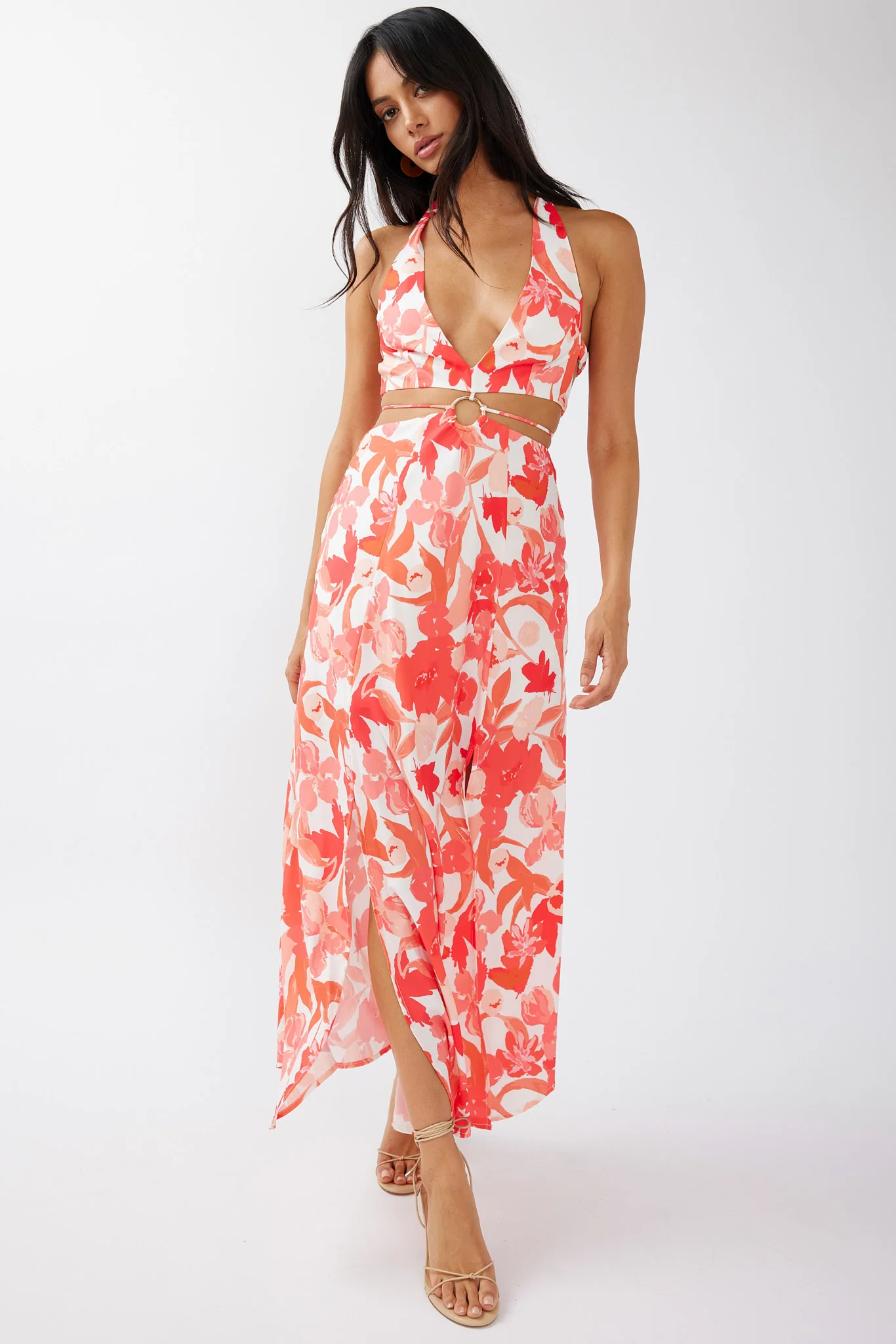 Tuscan Summers Cut-Out Midi Dress Floral Red - Sonourner
