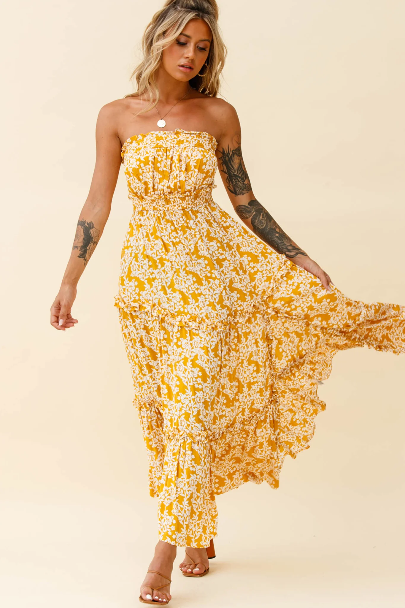 Take Me Away Strapless Maxi Dress Floral Print Mustard - Sonourner