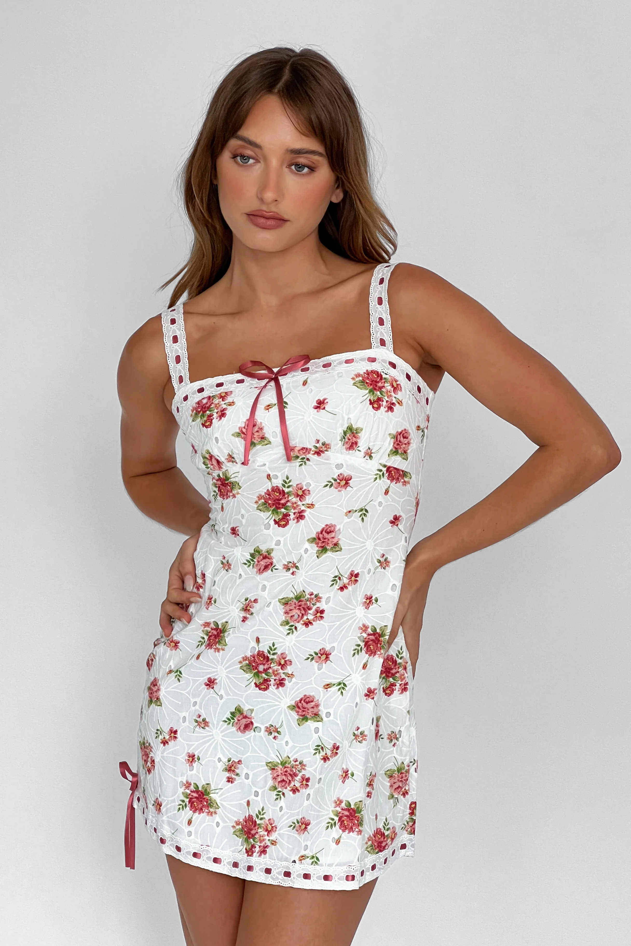Sunbeam Eyelet Embroidery Bow Mini Dress Floral Pink - Sonourner