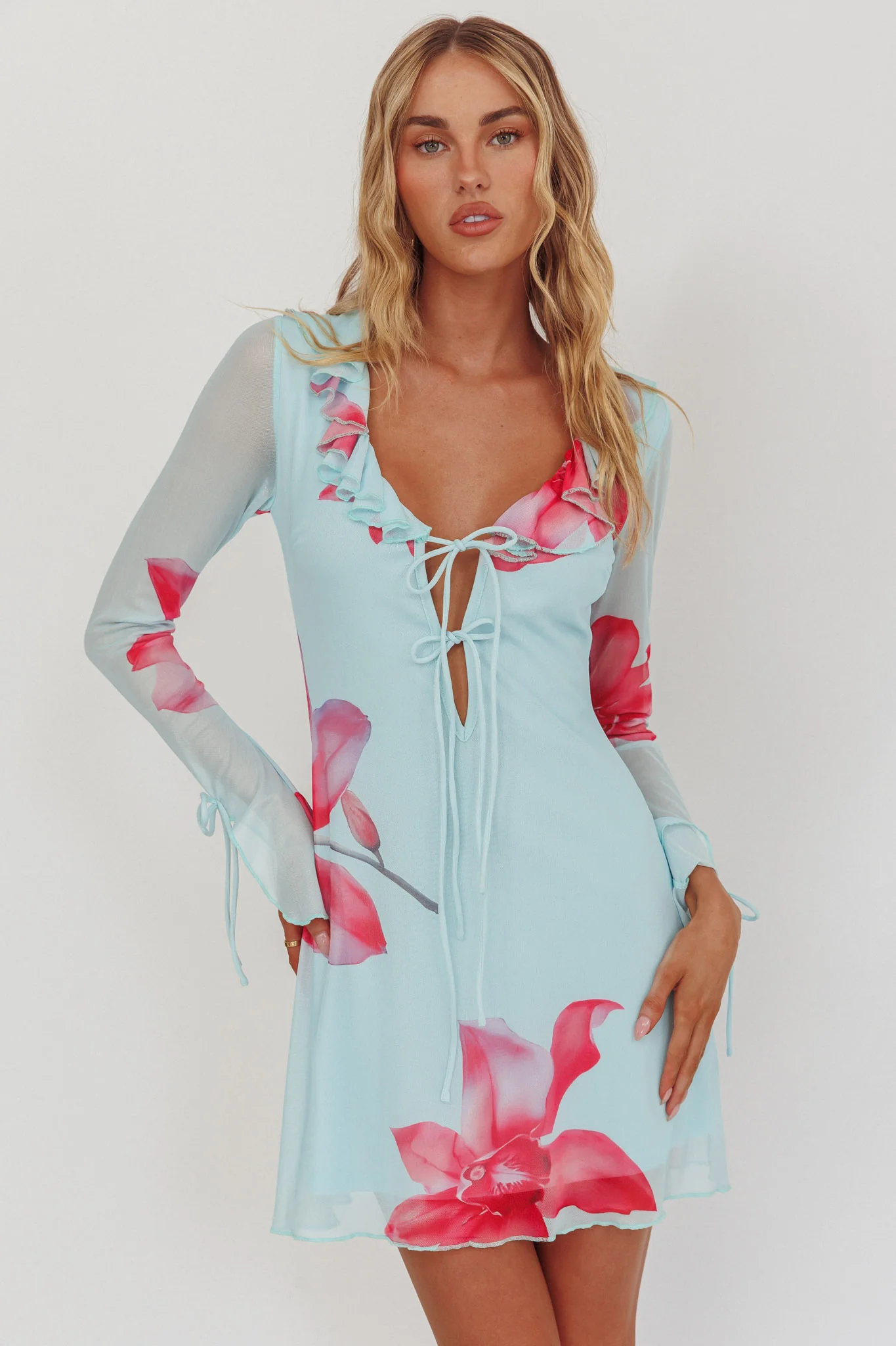 Sea Dreaming Ruffle Trim Mini Dress Floral Blue - Sonourner