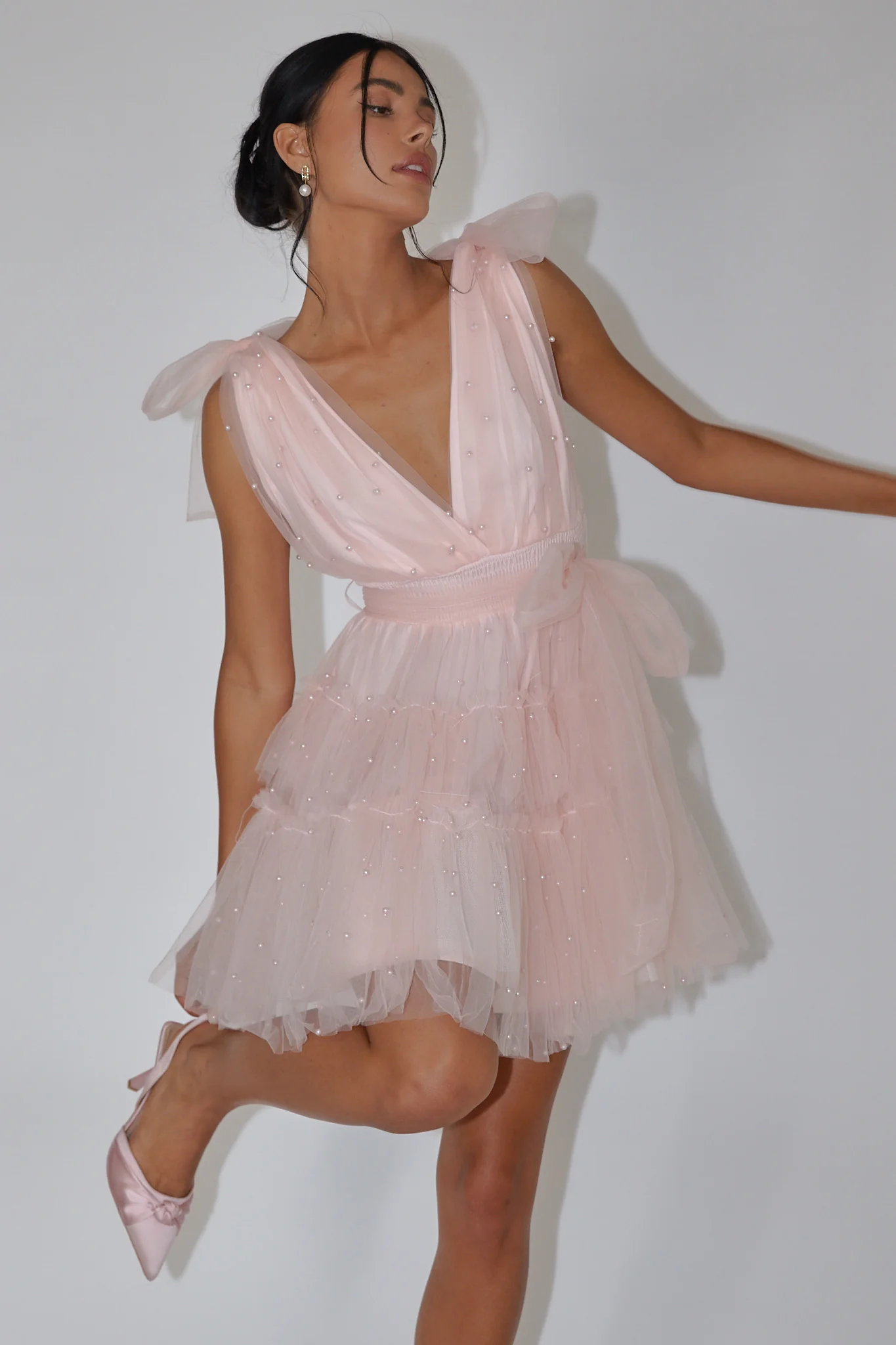 Lyra Pearl Embellished Tulle Mini Dress Pink - Sonourner