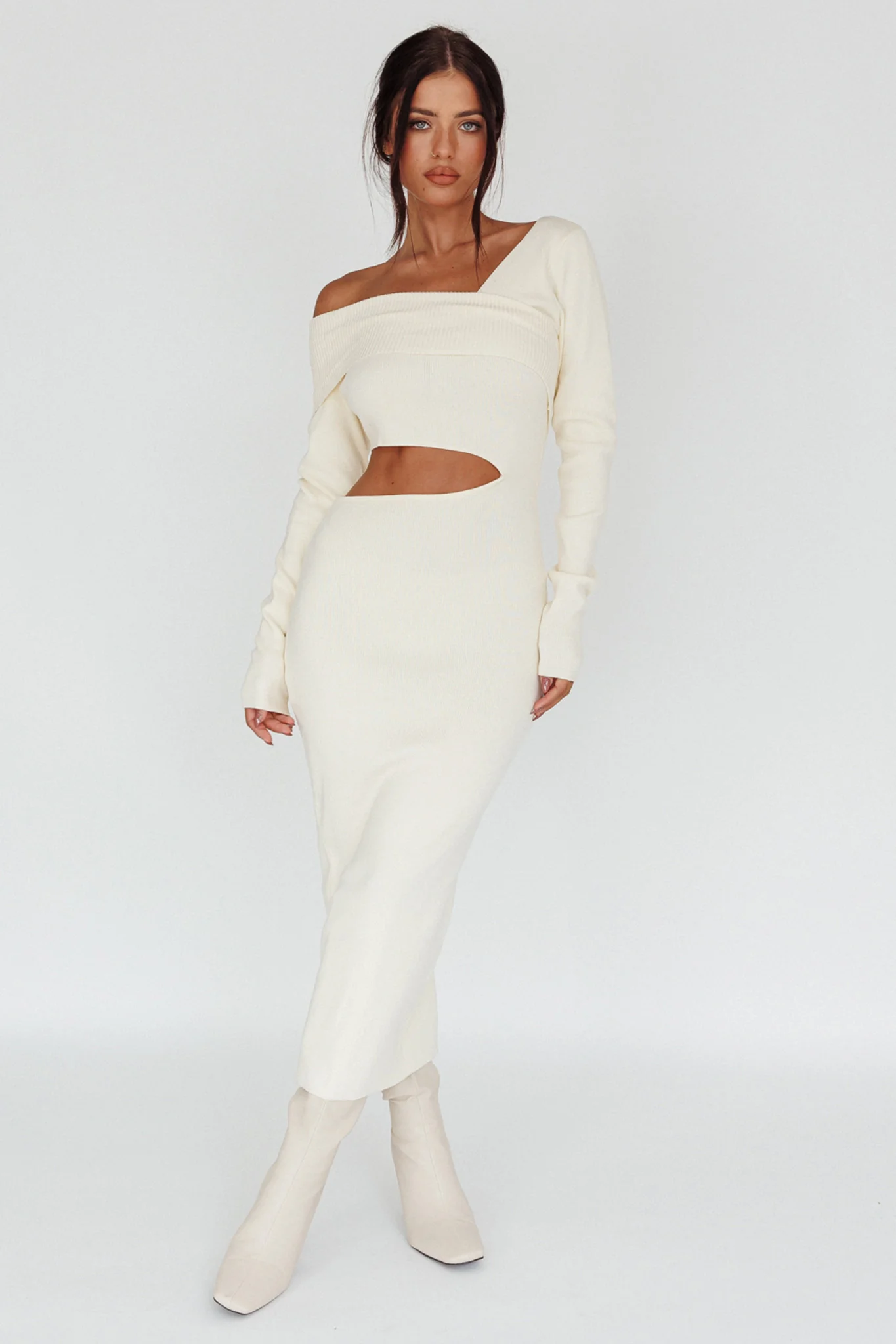 Tamar Long Sleeve One-Shoulder Midi Dress Cream - Sonourner