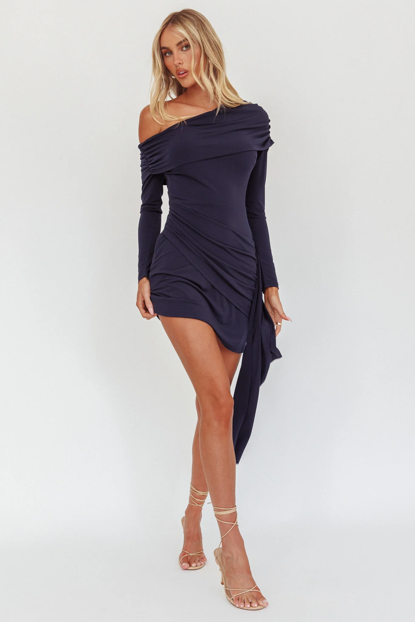 Afroditi Side Sash Draped Mini Dress Navy - Sonourner