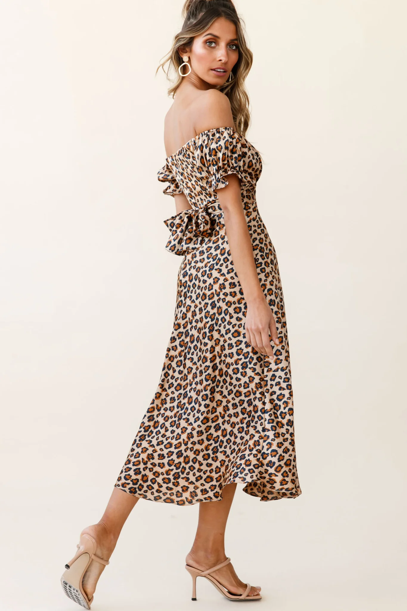 Linka Off-Shoulder Tie Back Midi Dress Leopard Print Brown - Sonourner