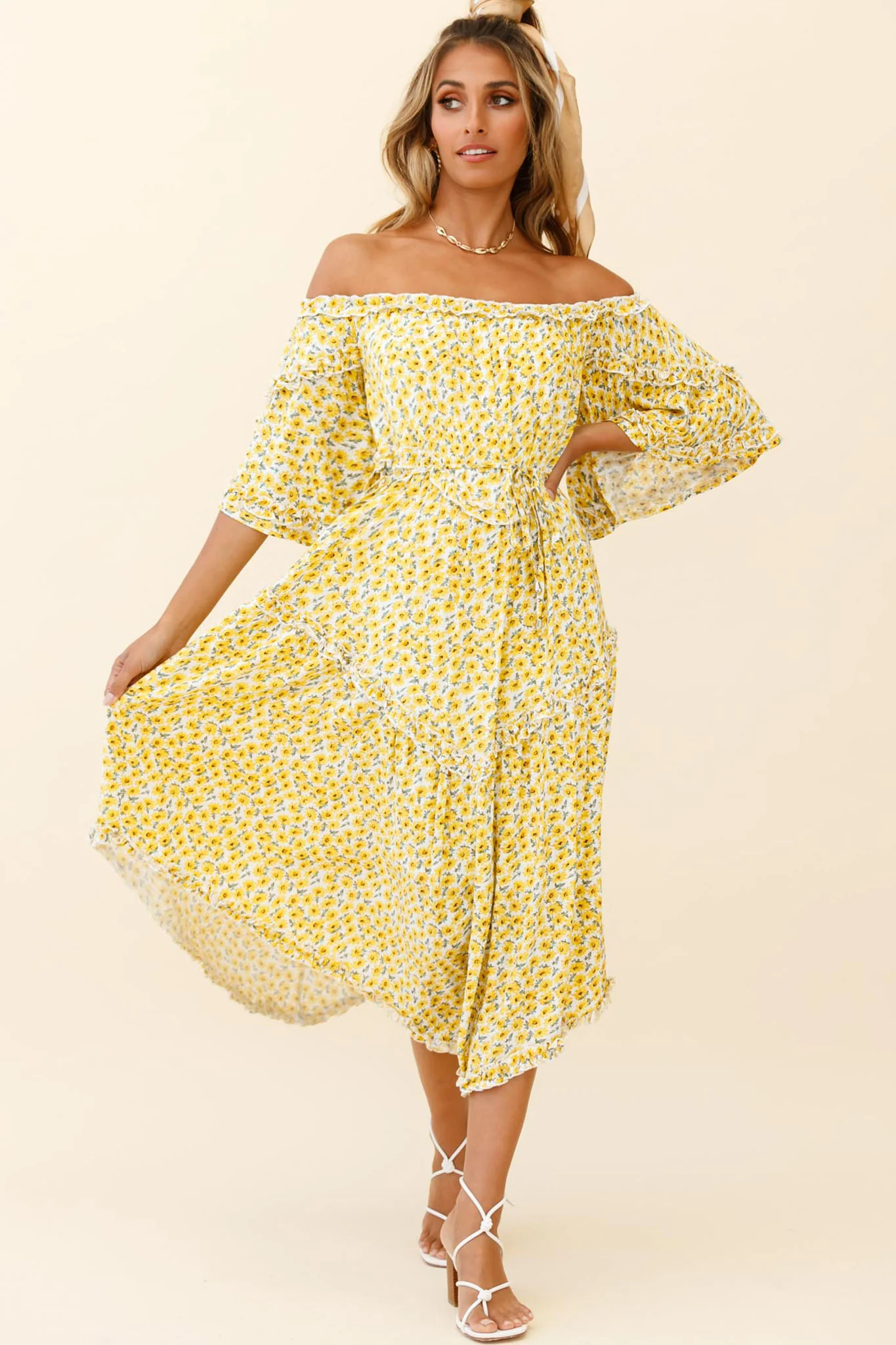 Renoir Off-Shoulder Frill Trim Dress Floral Print Yellow - Sonourner