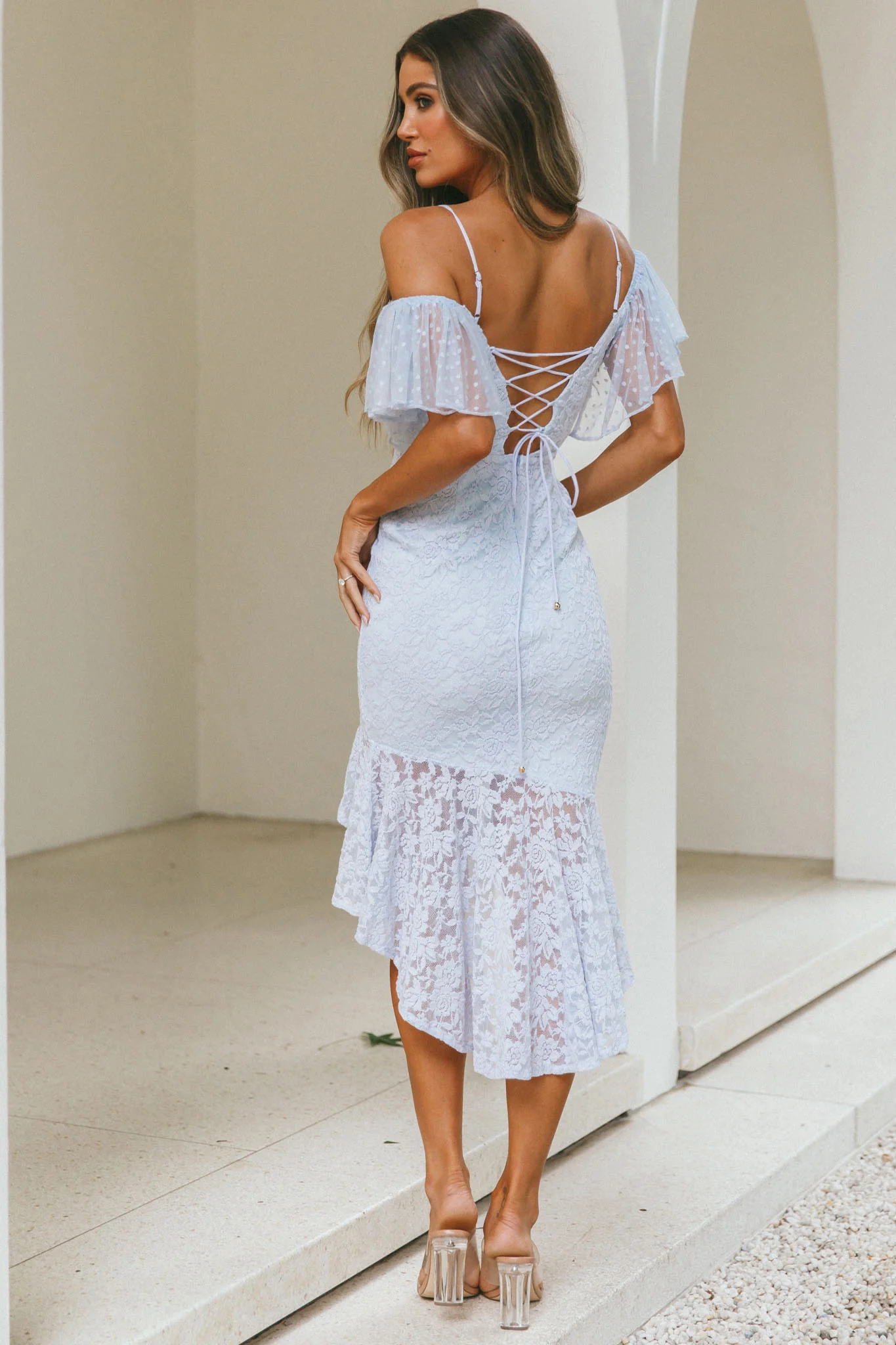 Maribel Hail Spot Sleeve Asymmetrical Hem Lace Midi Dress Baby Blue - Sonourner