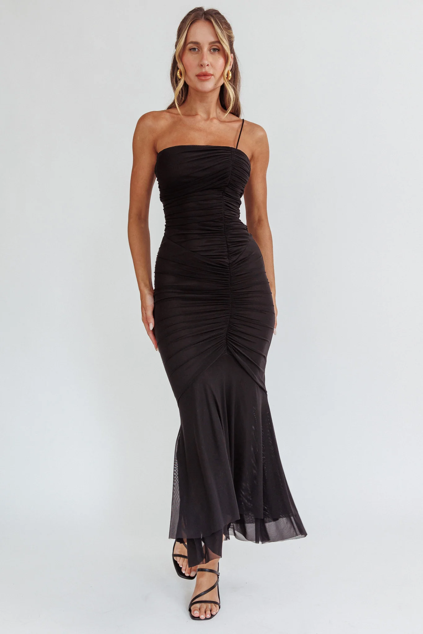 By Chance One Strap Ruched Maxi Dress Black - Sonourner