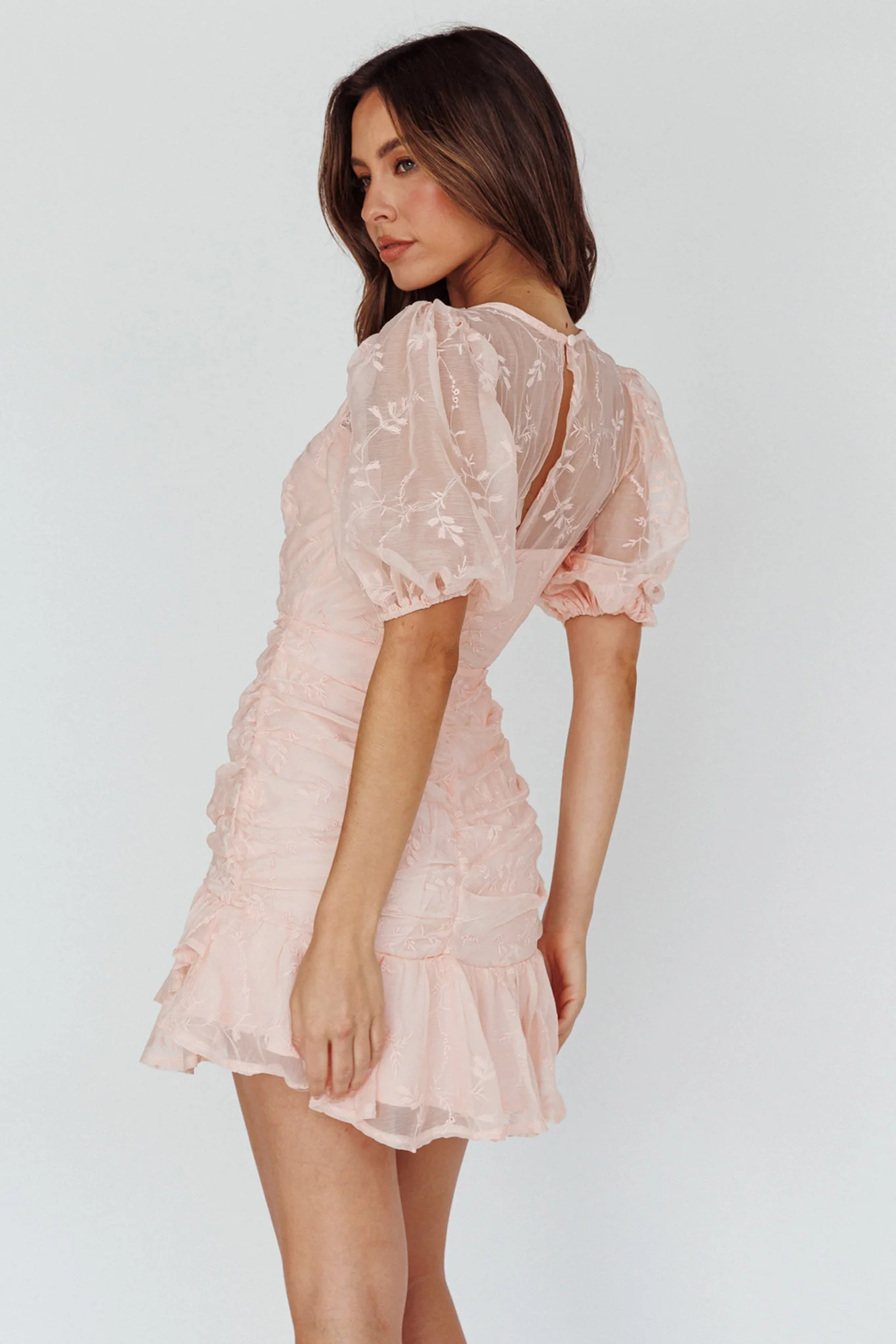 Cherry Blossom Puff Sleeve Wide Ruffle Hem Dress Pink - Sonourner