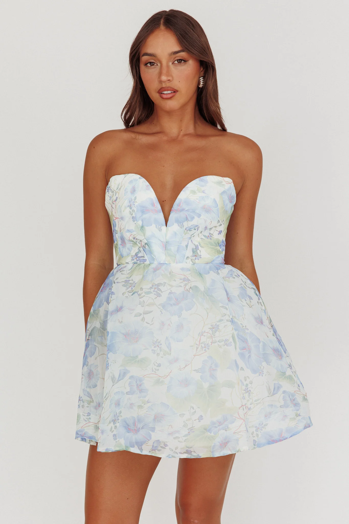 Gem Deep Sweetheart Neckline Mini Dress Floral Blue - Sonourner