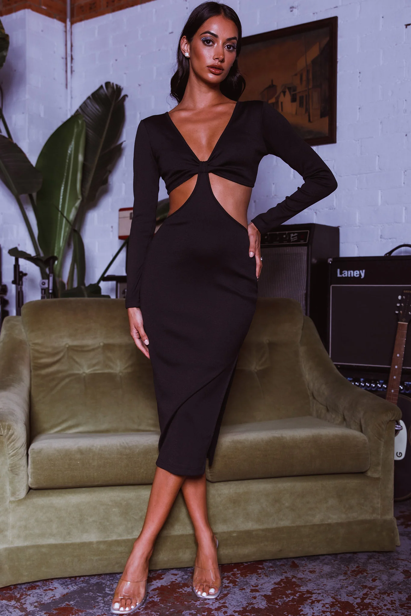 Acapulco Long Sleeve Cut-Out Waist Side Split Midi Dress Black - Sonourner