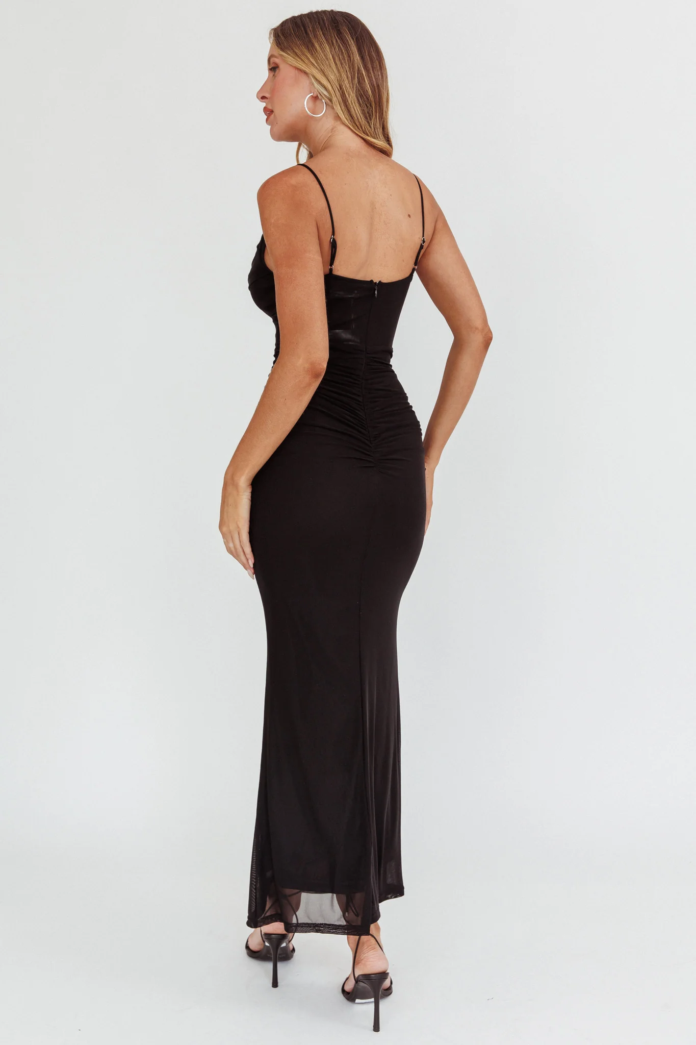 Morella Ruched Waist Mesh Maxi Dress Black - Sonourner