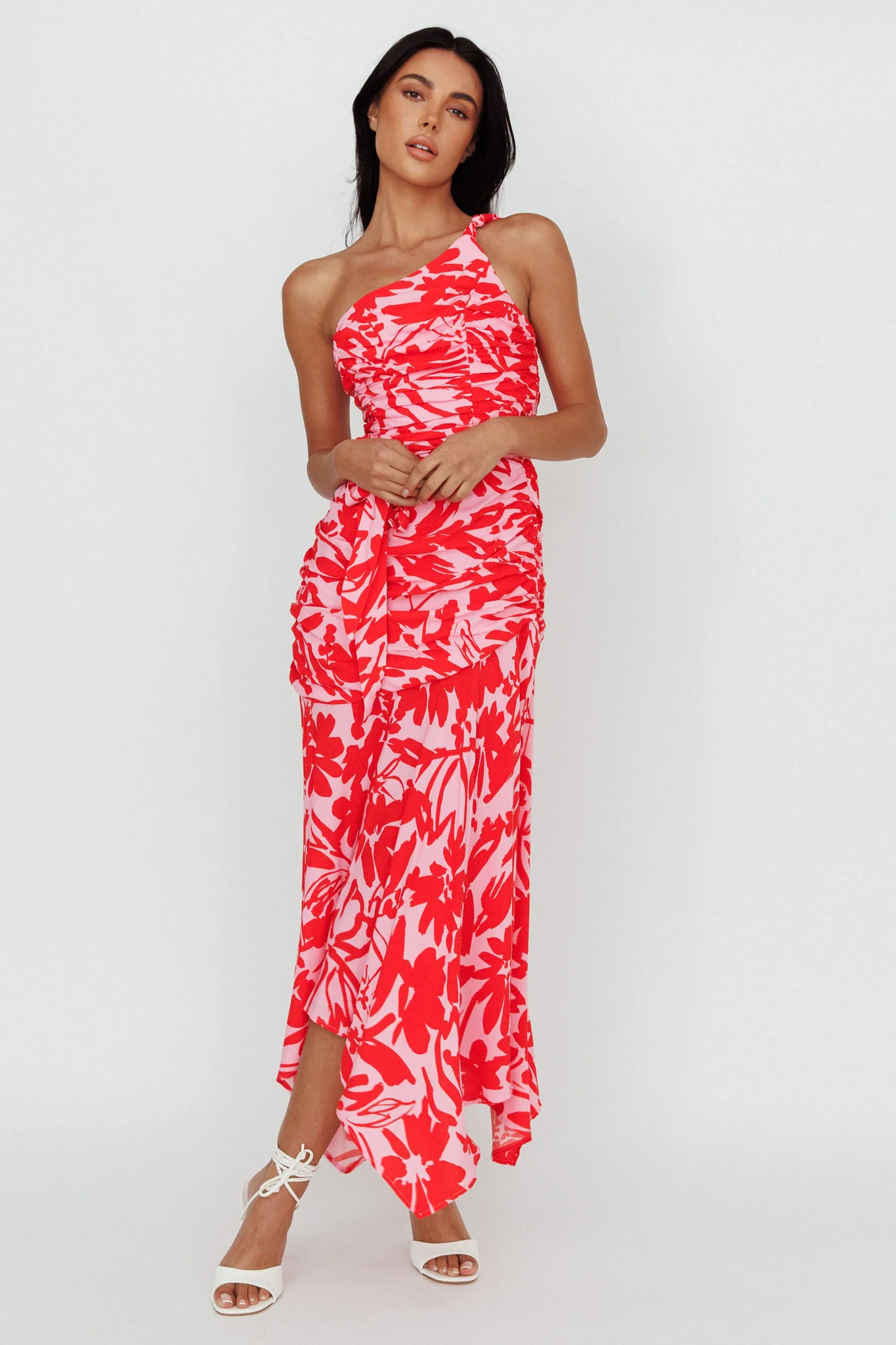 Chandler One-Shoulder Ruched Midi Dress Pink - Sonourner