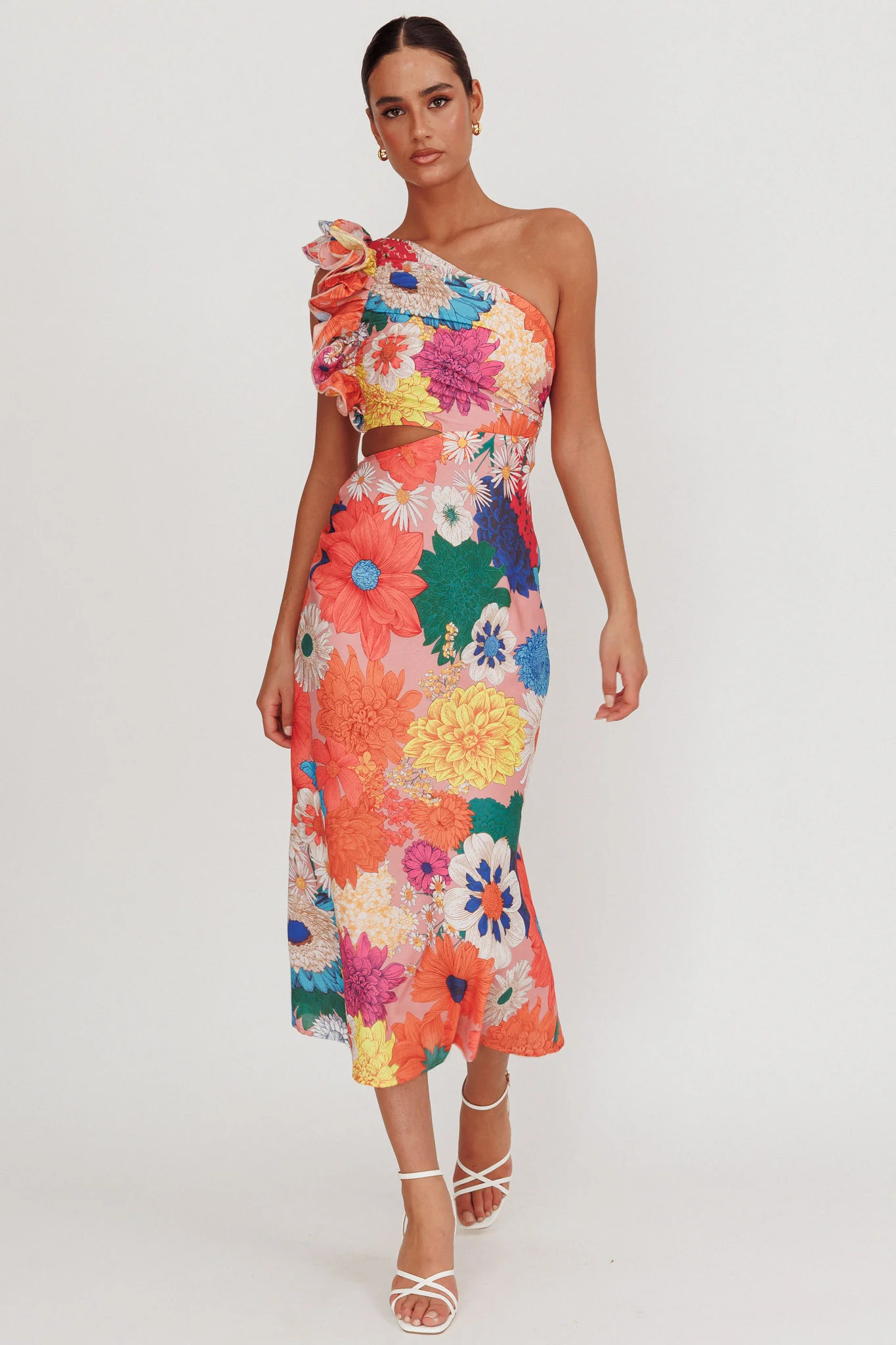Deanna One-Shoulder Ruffle Floral Maxi Dress Orange - Sonourner