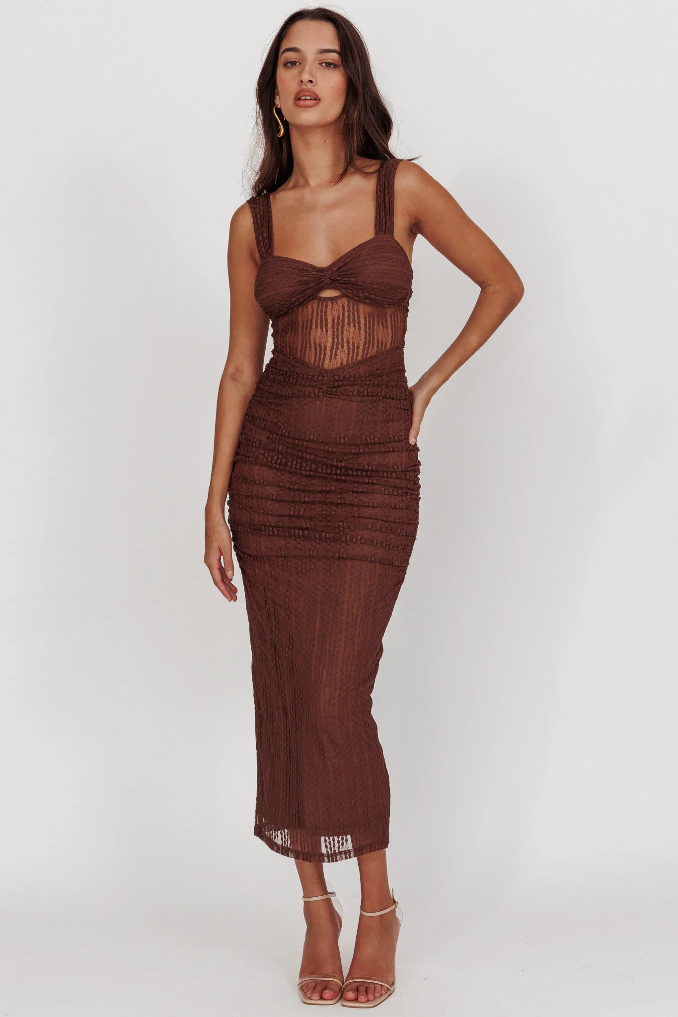 Oliana Embroidered Mesh Midi Dress Chocolate - Sonourner