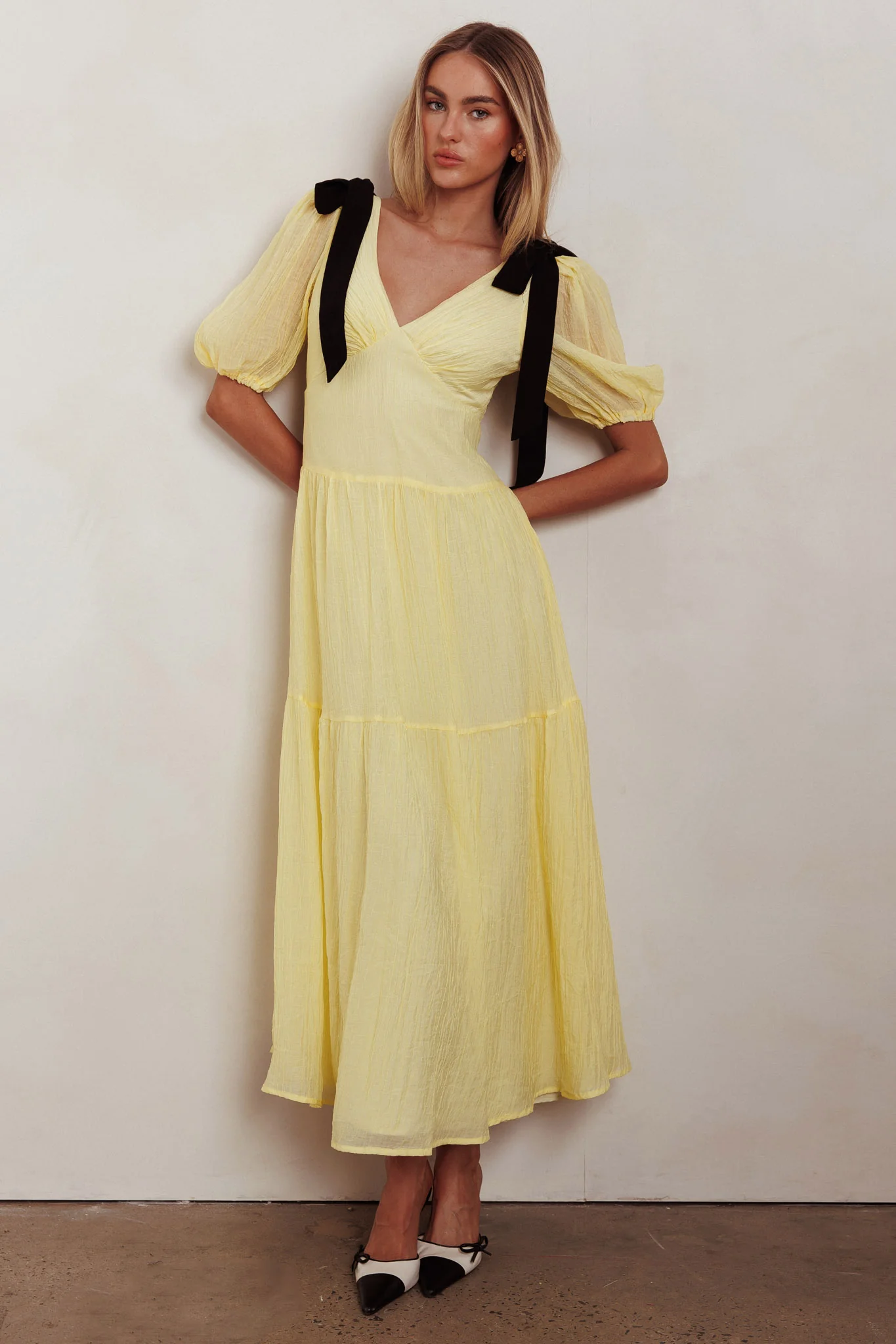 Sinta Bow Shoulder Puff Sleeve Maxi Dress Lemon - Sonourner