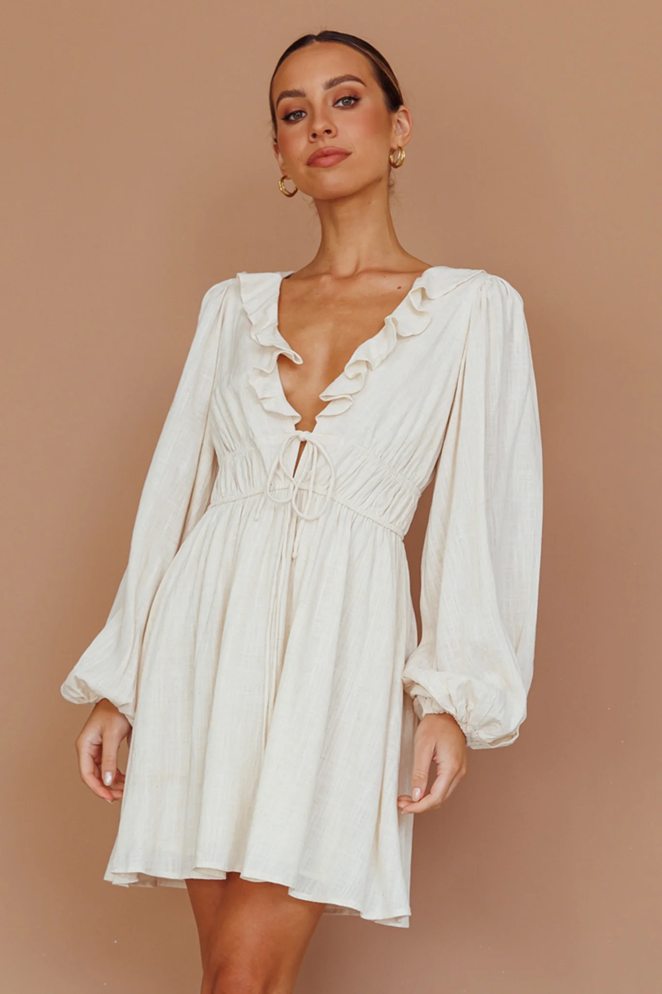 Carnivale Balloon Sleeve Ruffle Mini Dress Oat - Sonourner