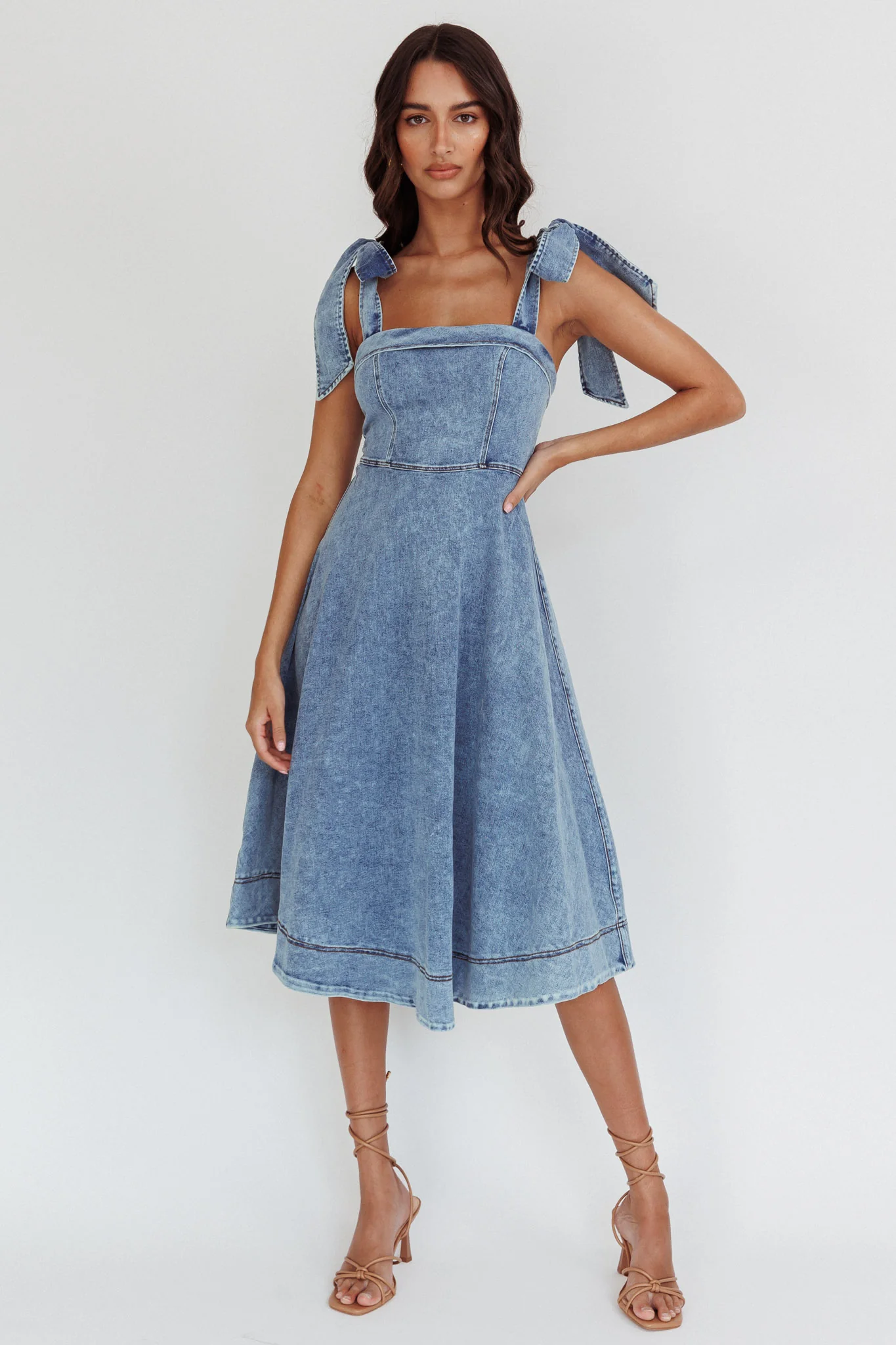 Jeanie Bow Shoulder Midi Dress Wash Denim Blue - Sonourner