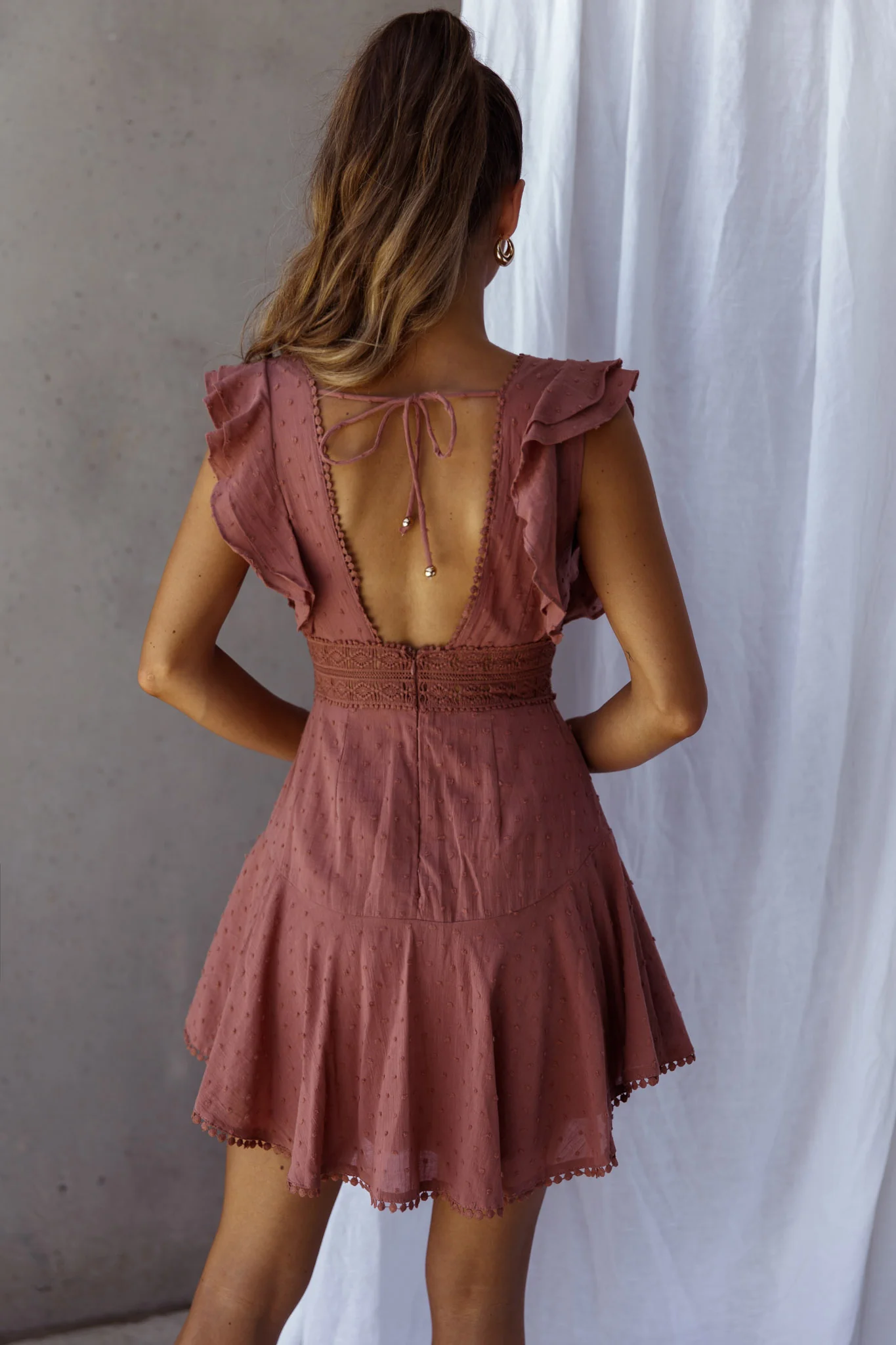 Idyllwild Ruffle Shoulder Mini Dress Rose - Sonourner