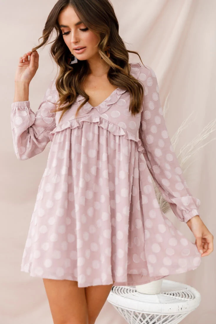 Cutie Pie Long Sleeve Babydoll Dress Mauve - Sonourner