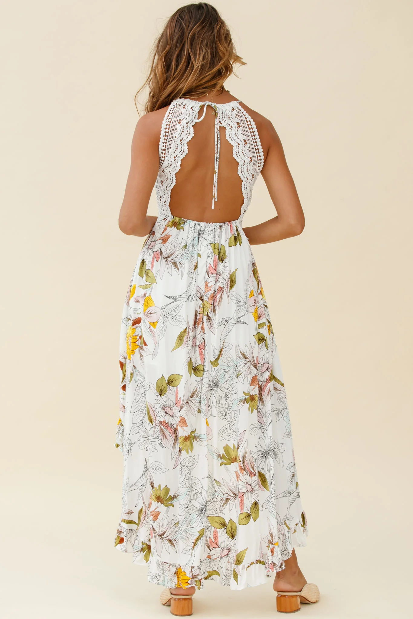 Over The Moon High-Low Hem Crochet Lace Dress Floral Print White - Sonourner