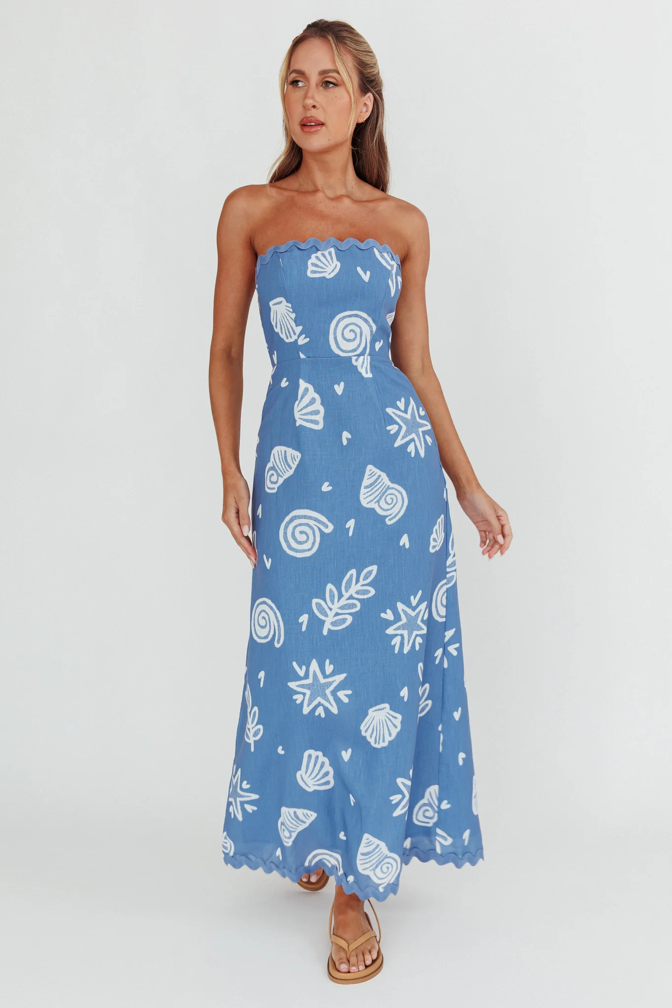 Cypress Ric Rac Trim Strapless Dress Shell Blue - Sonourner