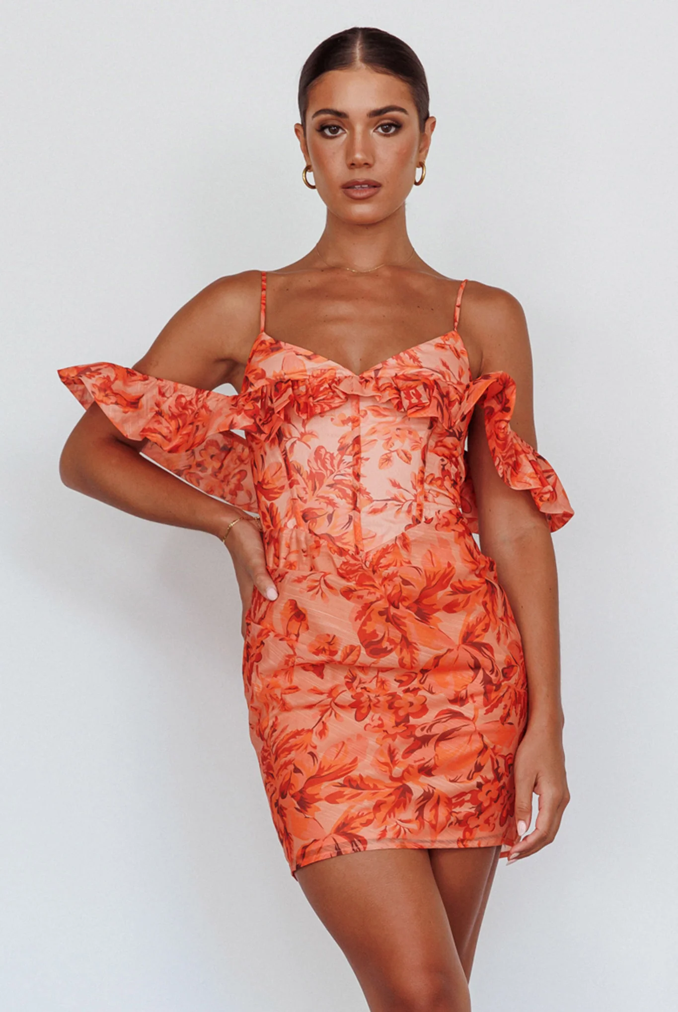 Catania Off-Shoulder Ruffle Mini Dress Floral Orange - Sonourner