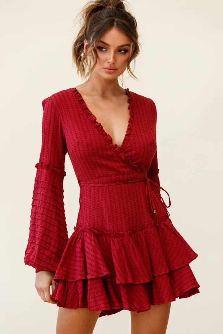 Neve Balloon Sleeve Layered Ruffle Hem Dress Wine - Sonourner