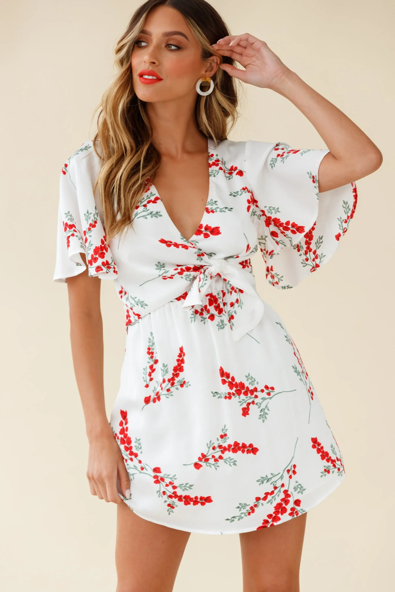 Stealing Hearts Flutter Sleeve Wrap Front Dress Floral Print White - Sonourner