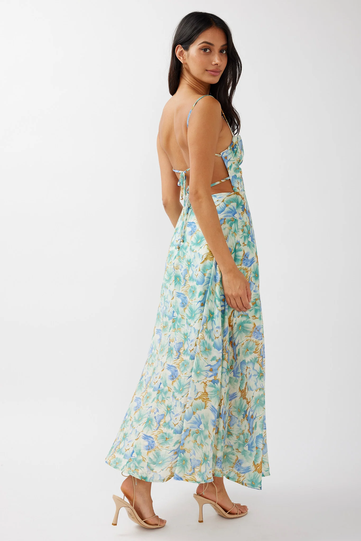 Echoes Tied Back A-Line Midi Dress Floral Green - Sonourner