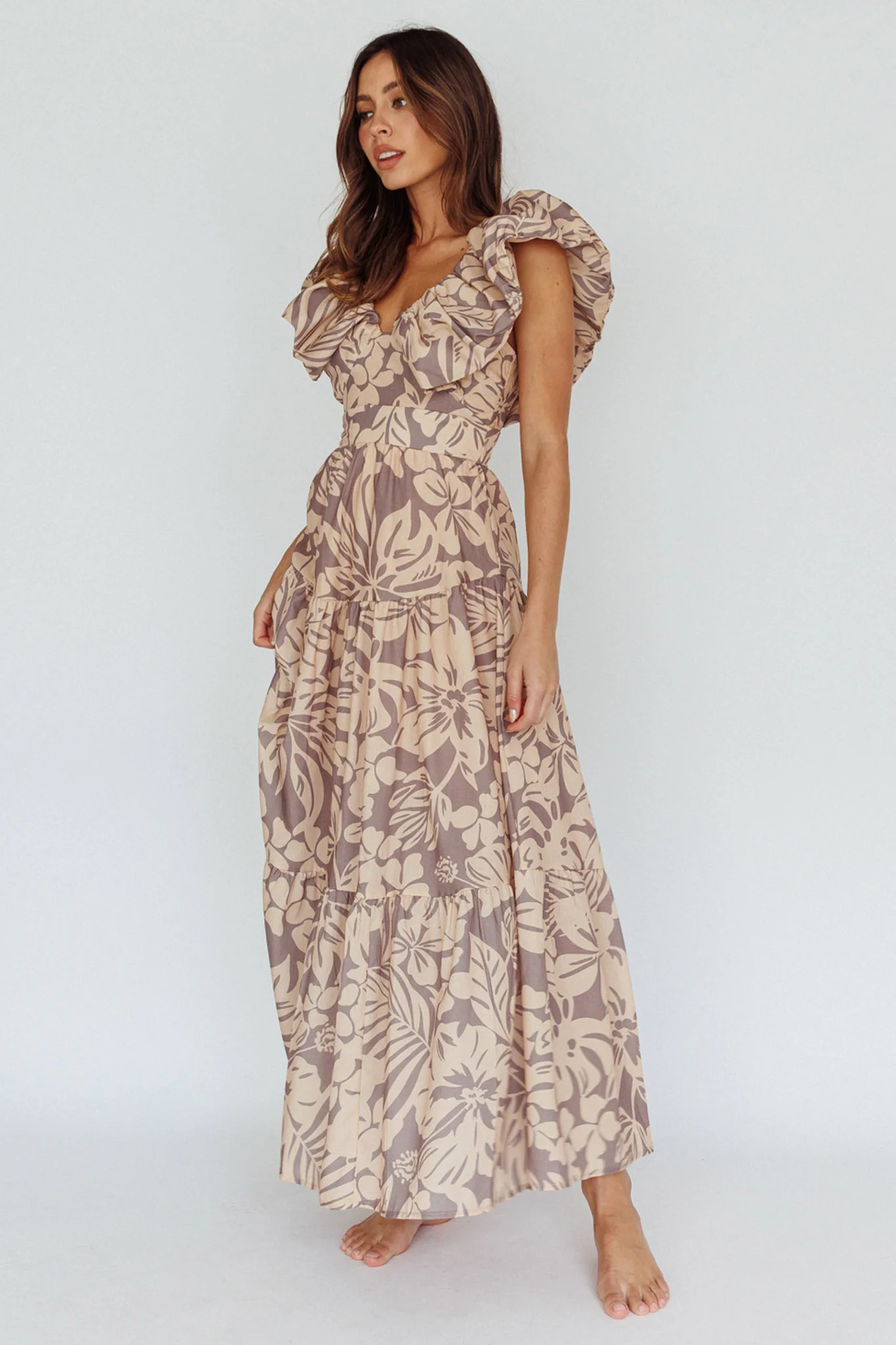 Kahlo Puffed Ruffle Neckline Maxi Dress Print Beige - Sonourner