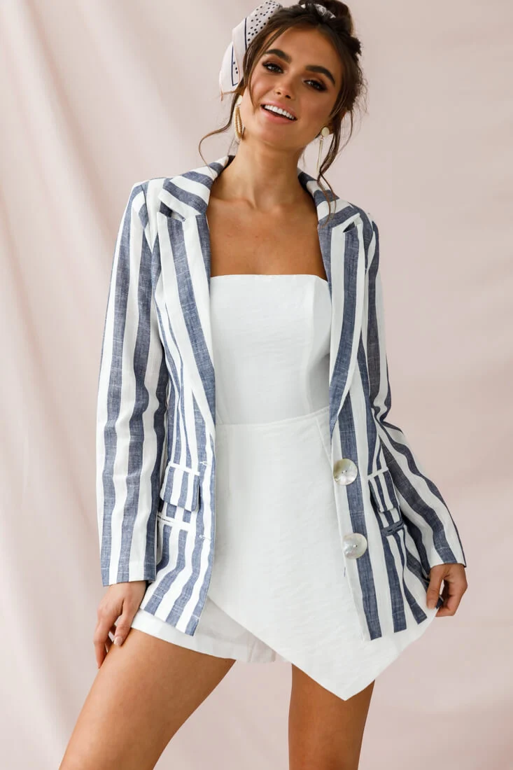 Hamptons Striped Notched Lapel Jacket Blue - Sonourner