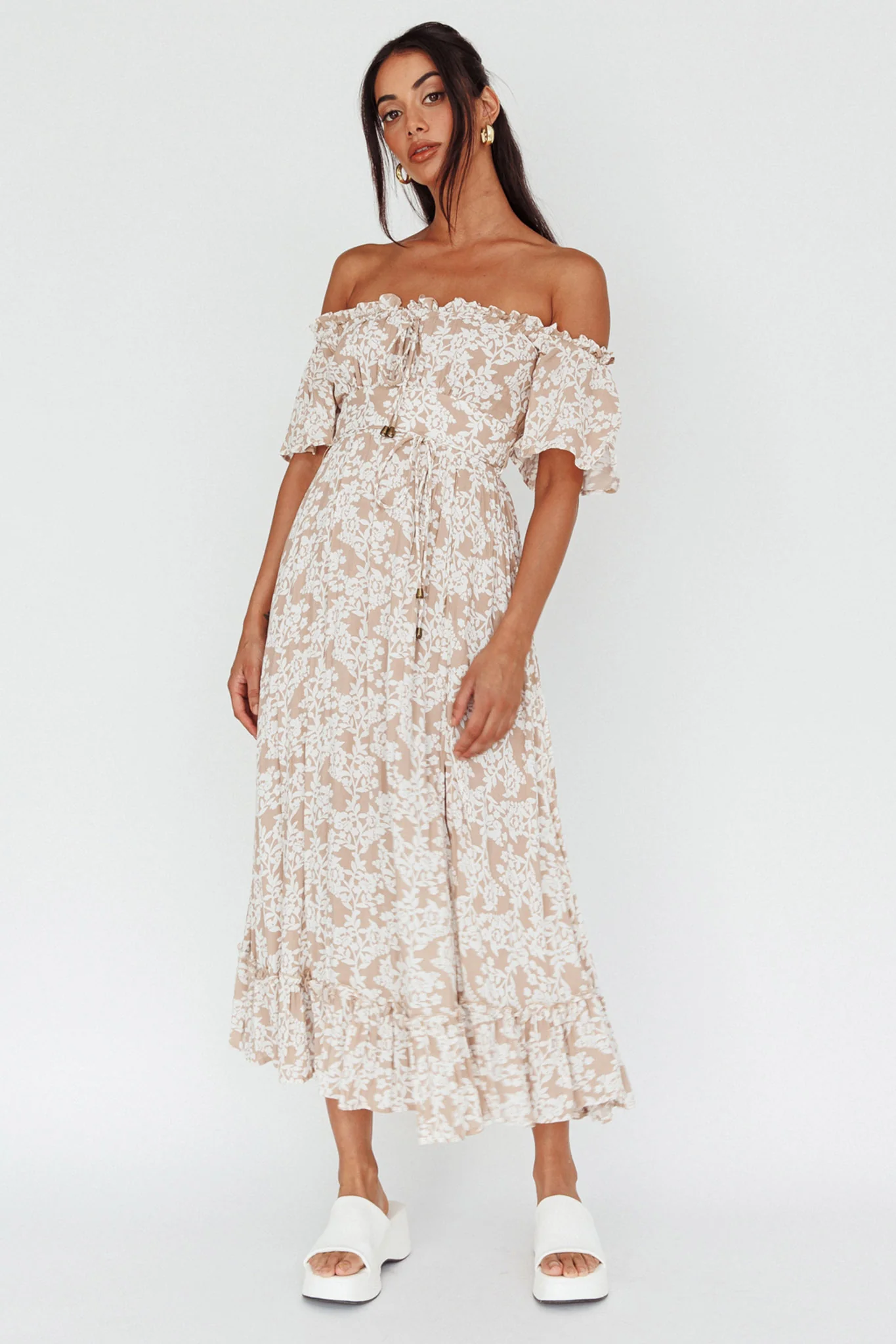 Voyager Off-Shoulder Bell Sleeve Midi Dress Floral Blush - Sonourner