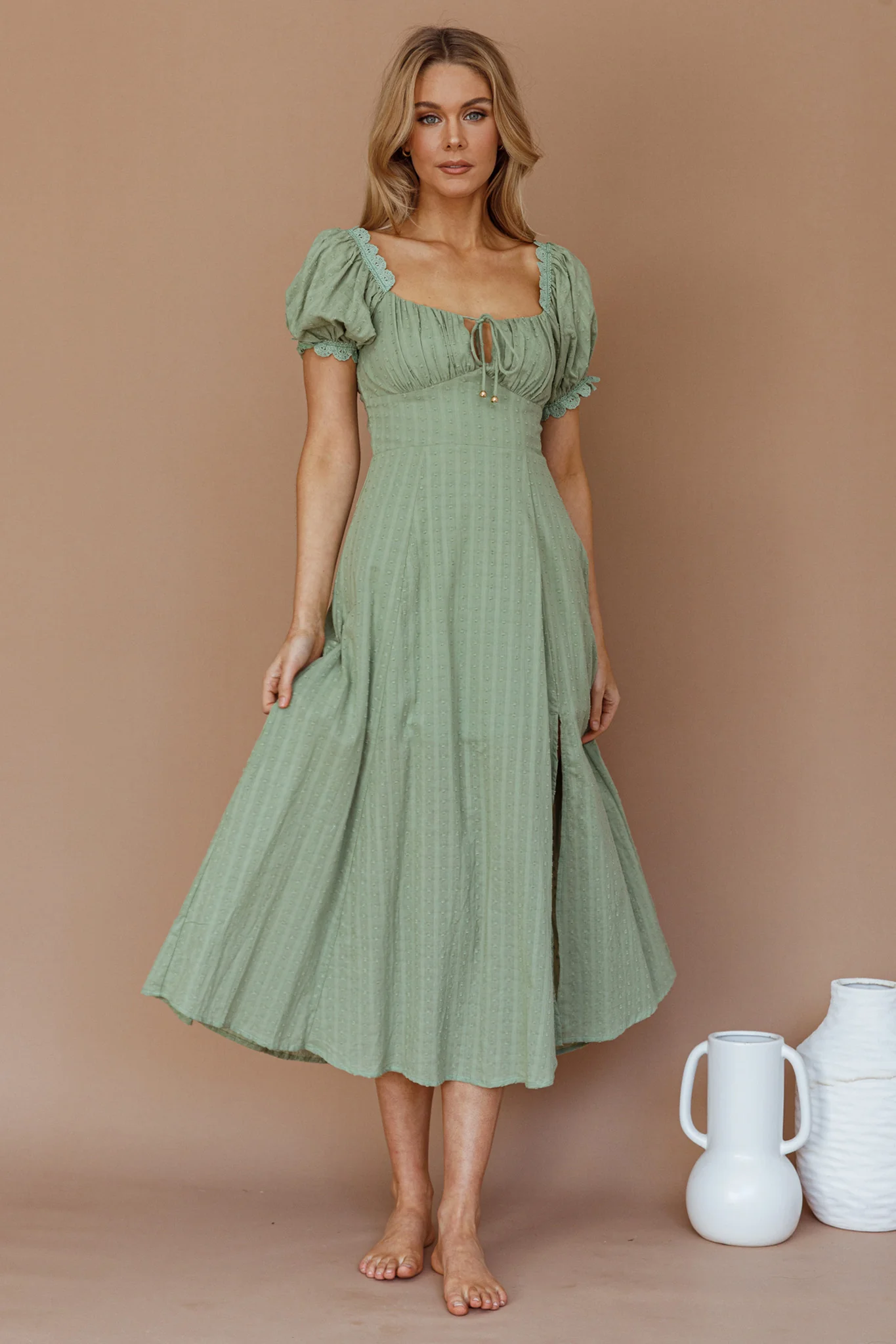 Chablis Gathered Bust Puff Sleeve Midi Dress Sage - Sonourner
