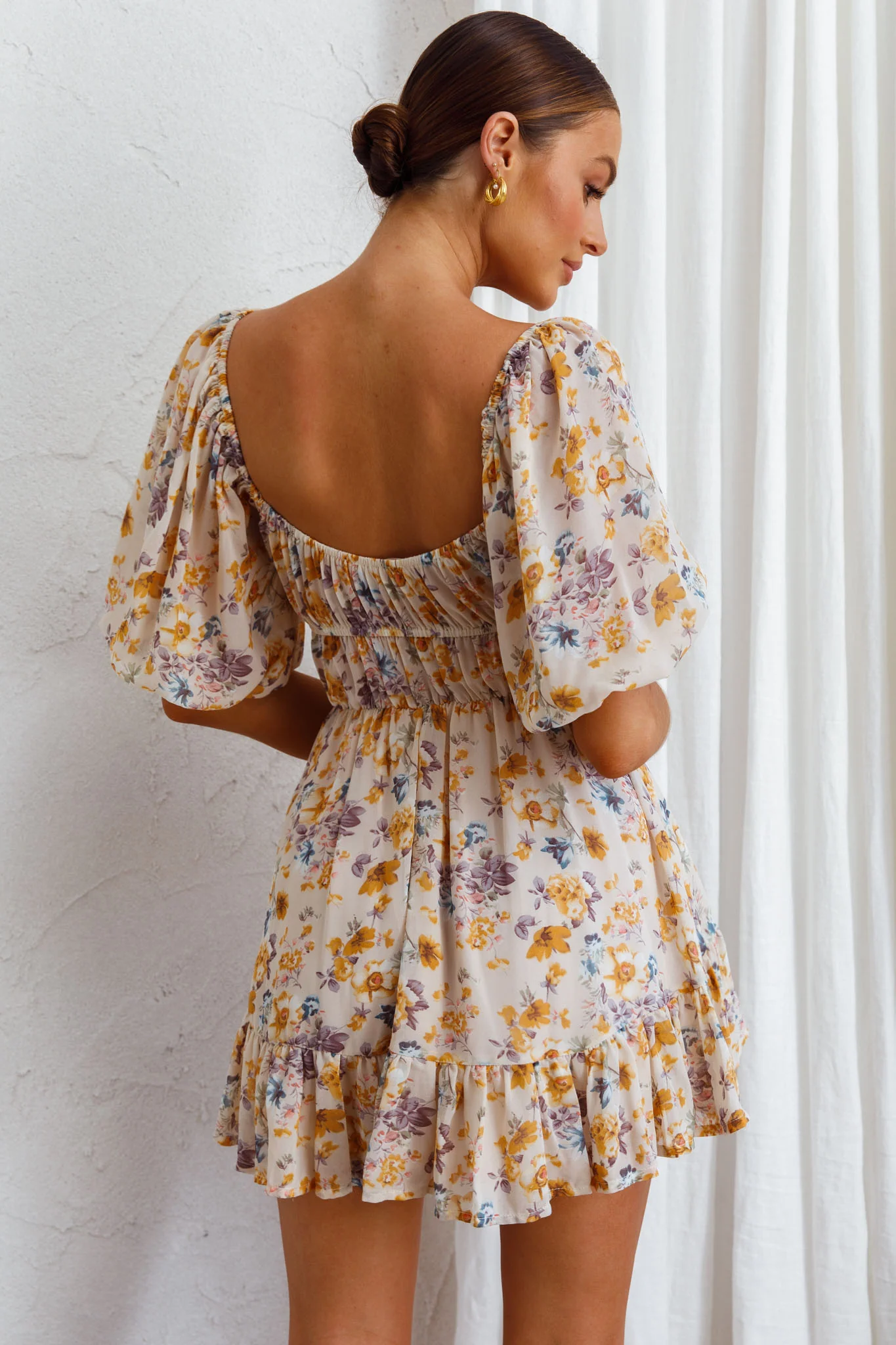 Vista Del Mar Tied Bust Mini Dress Floral Beige - Sonourner