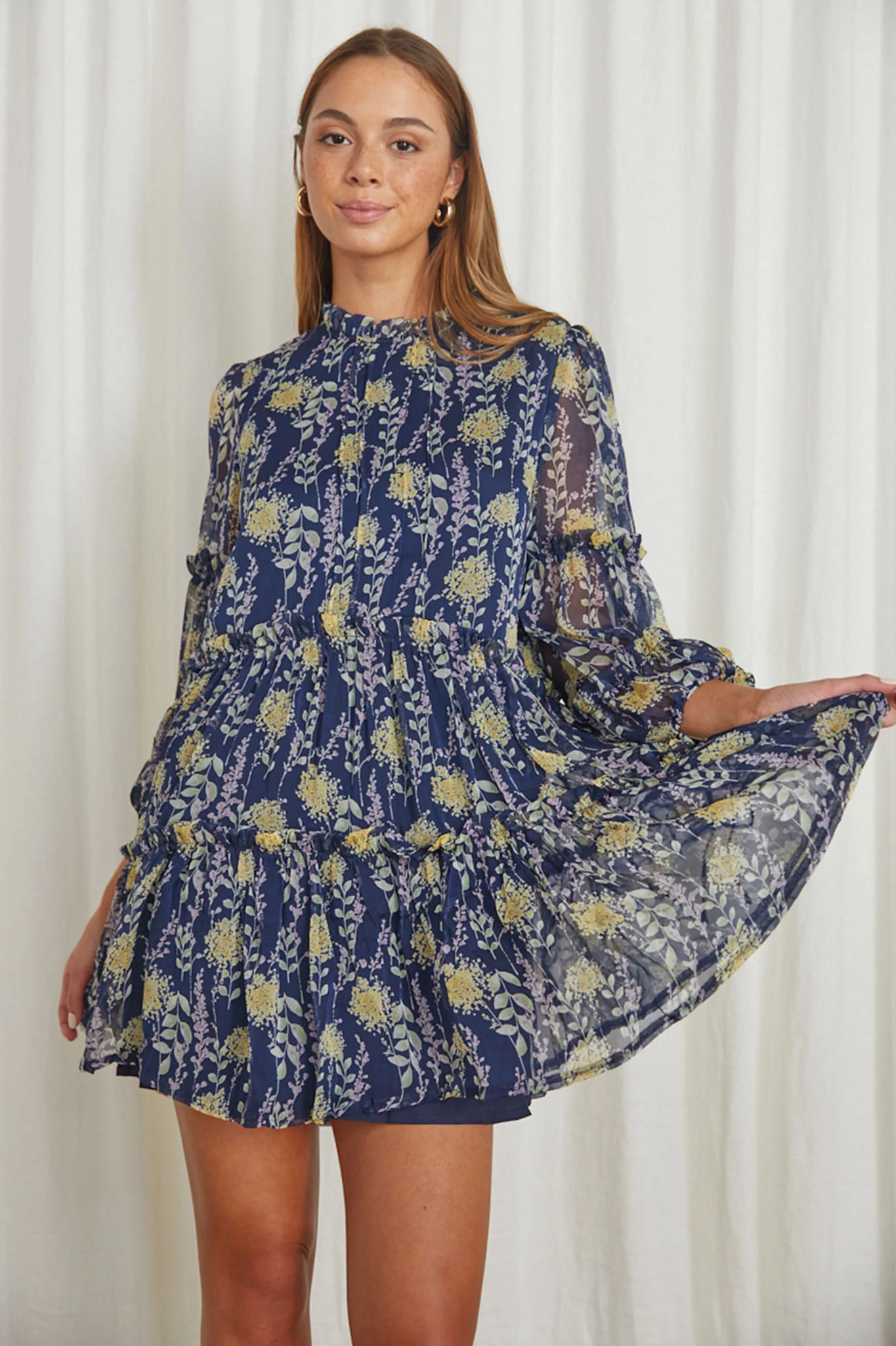 Beatrix High Neck Balloon Sleeve Dress Floral Midnight Blue - Sonourner