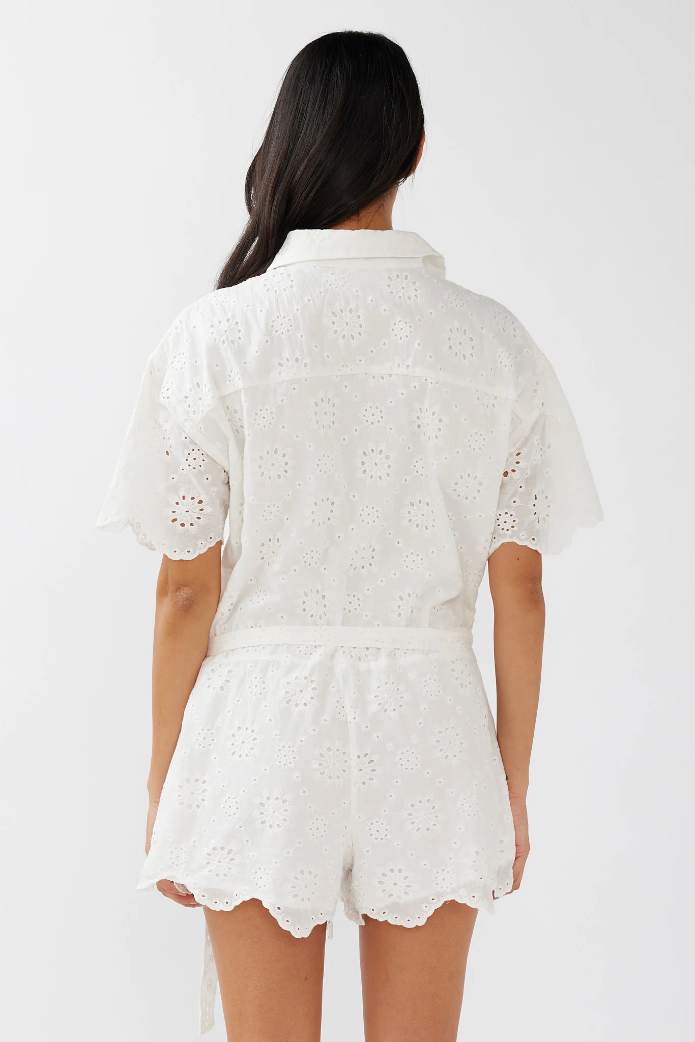 Junie Eyelet Embroidery Waist Tie Romper White - Sonourner