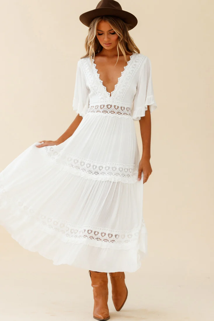 Indio Crochet Insert Deep V-Neckline Angel Sleeve Maxi Dress White - Sonourner