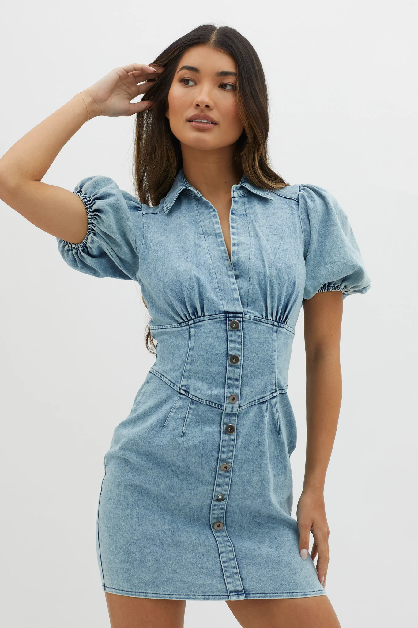 South Beach Puff Sleeve Collared Mini Dress Denim - Sonourner