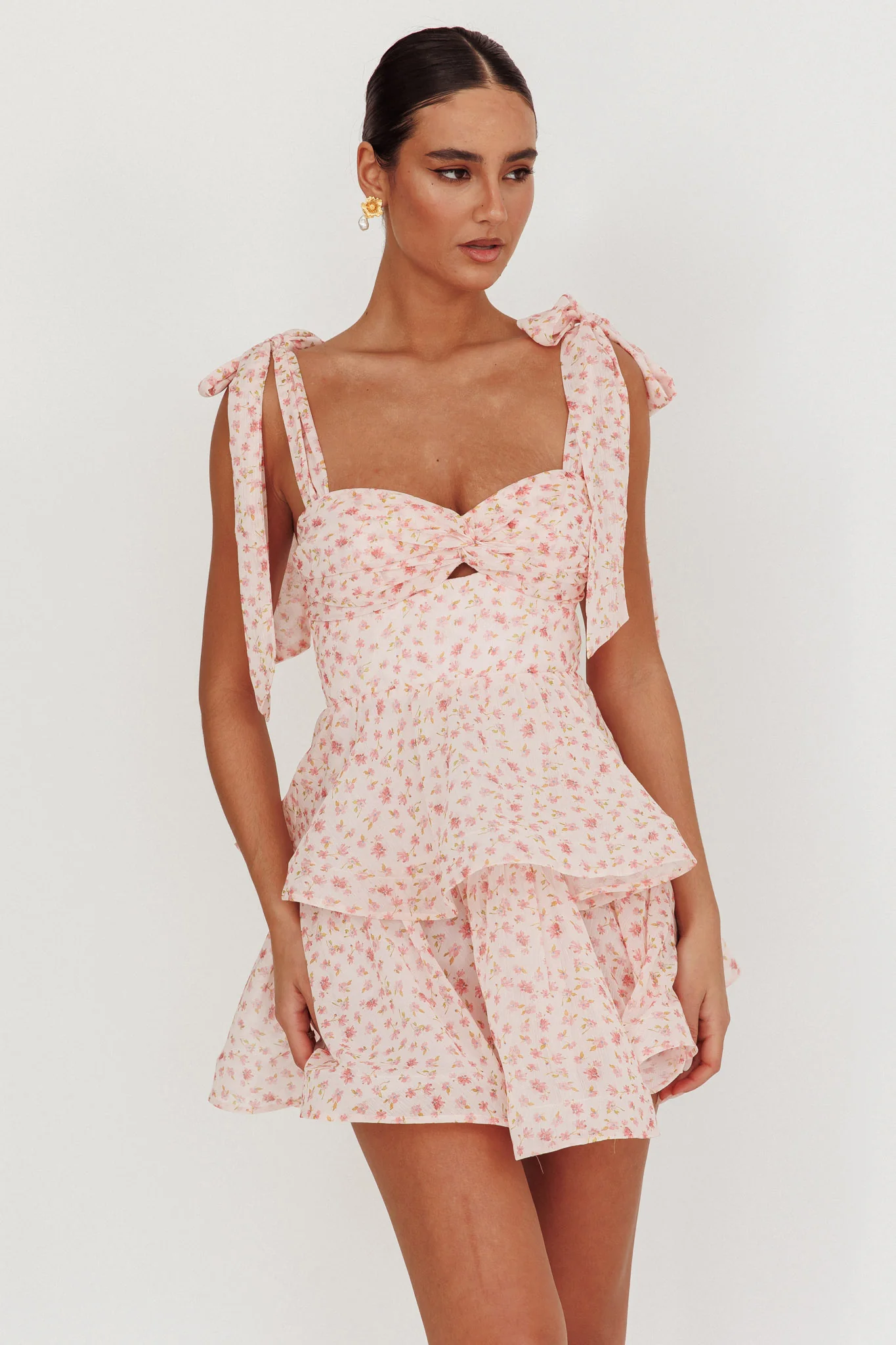 Oliana Tied Shoulder Tiered Mini Dress Peach - Sonourner