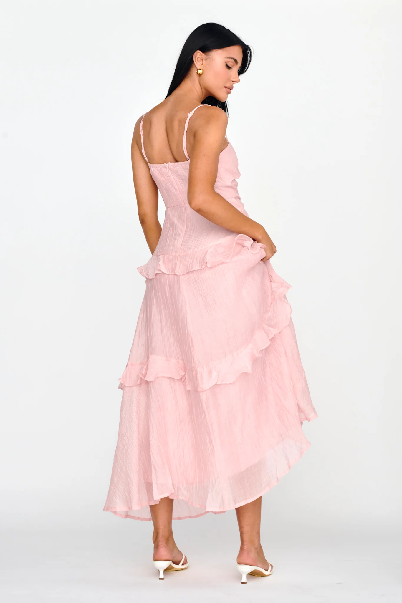 Rise & Glow Frill Trim Textured Midi Dress Blush - Sonourner