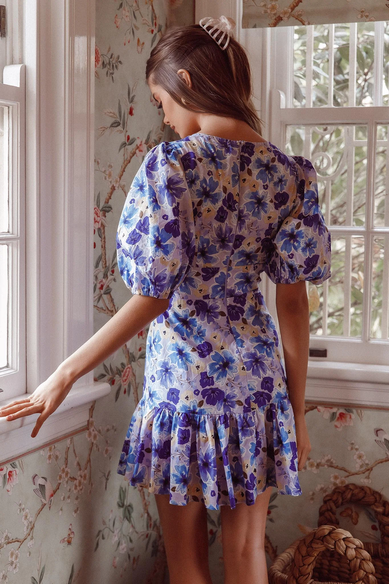 Jemilia Cut-Out Bust Flounce Mini Dress Floral Blue - Sonourner