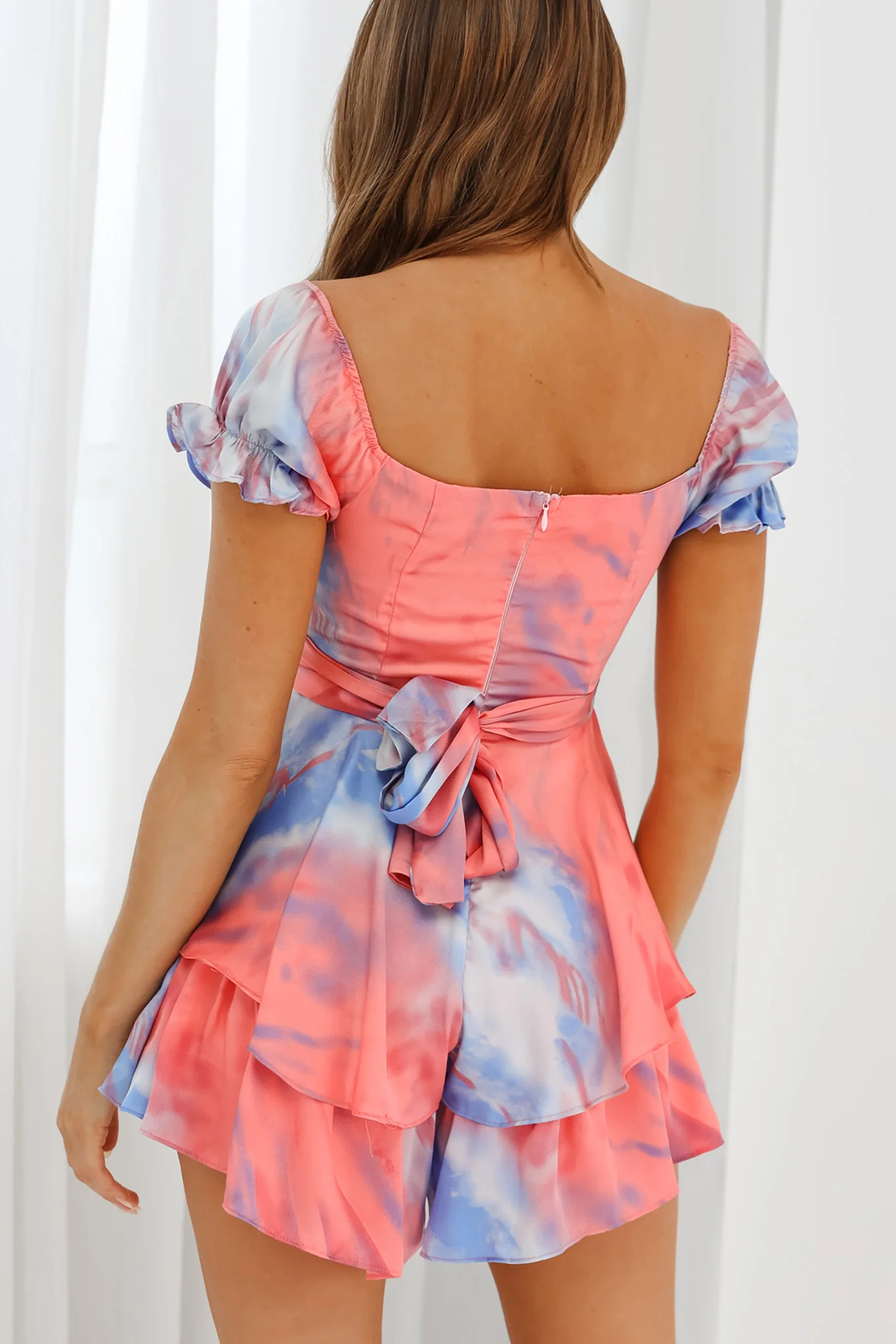 Linka Off-Shoulder Tie Back Romper Tie-Dye Pink/Blue - Sonourner