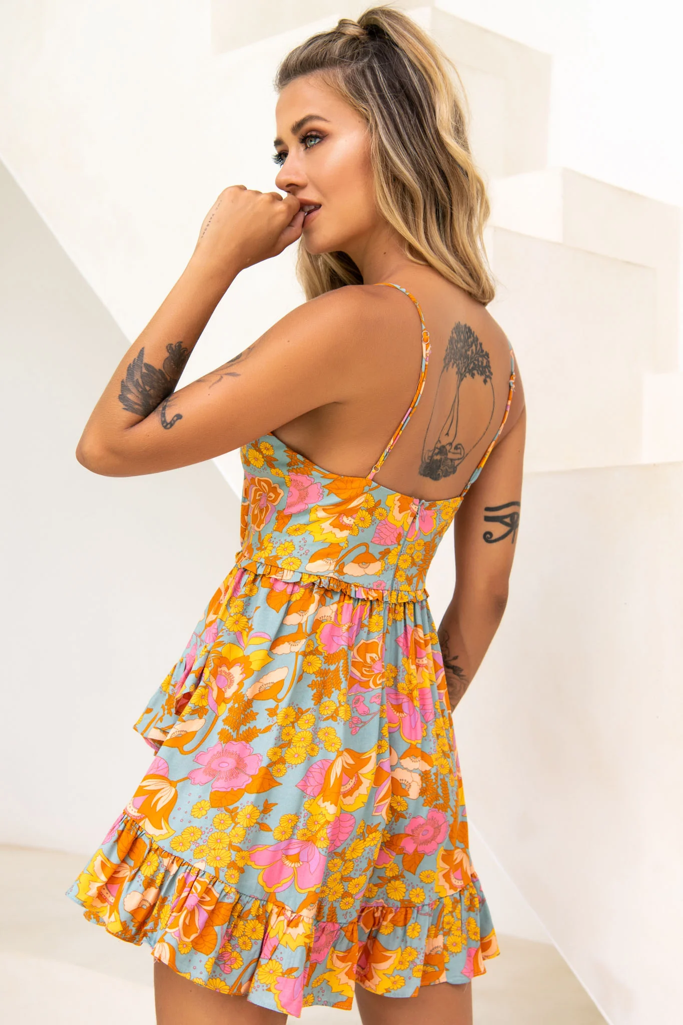 Geordie Ruched Bust Frill Trim Dress Floral Print Aqua Multi - Sonourner